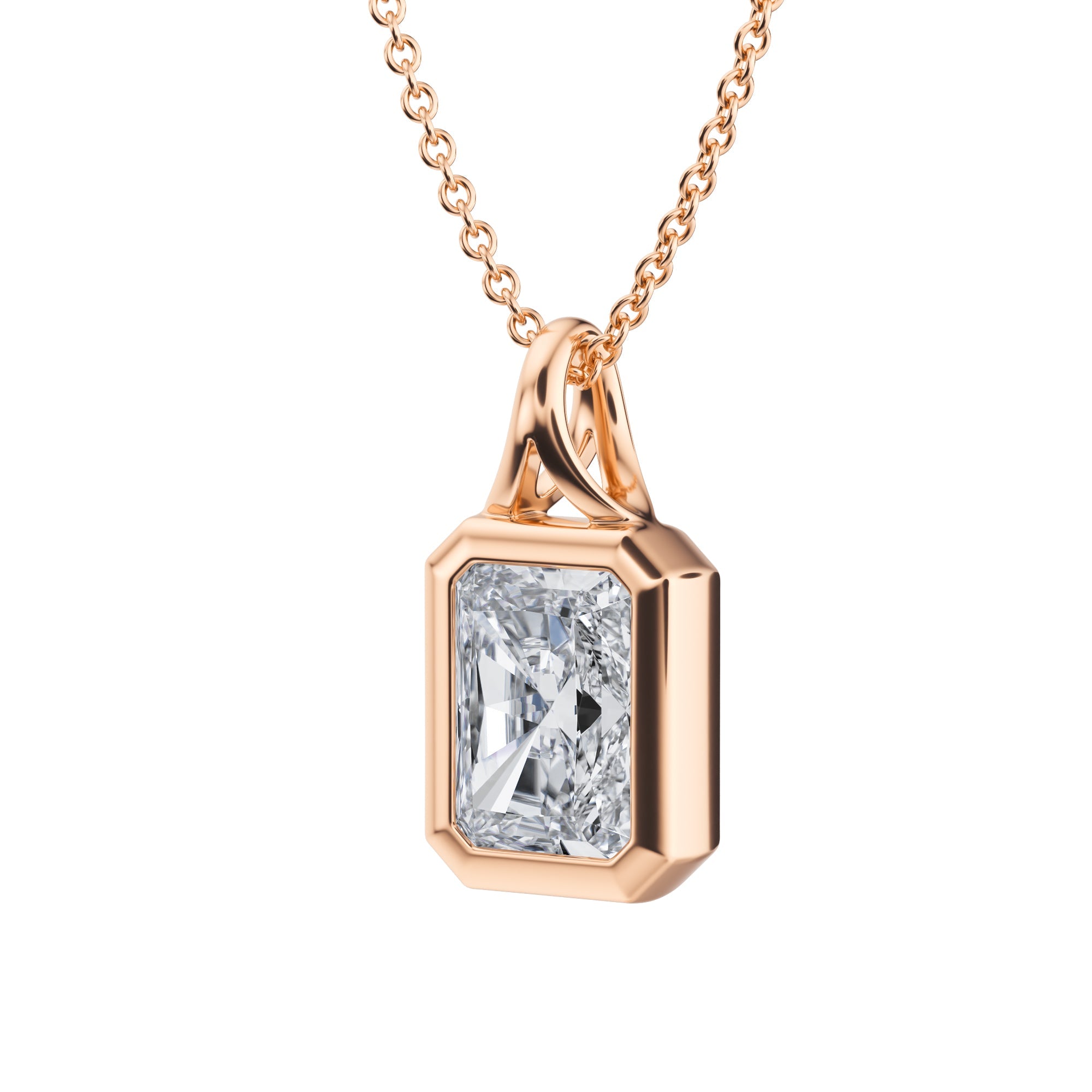 Beautiful 2 Carat Radiant Lab Grown Diamond Bezel Necklace in Pink Gold