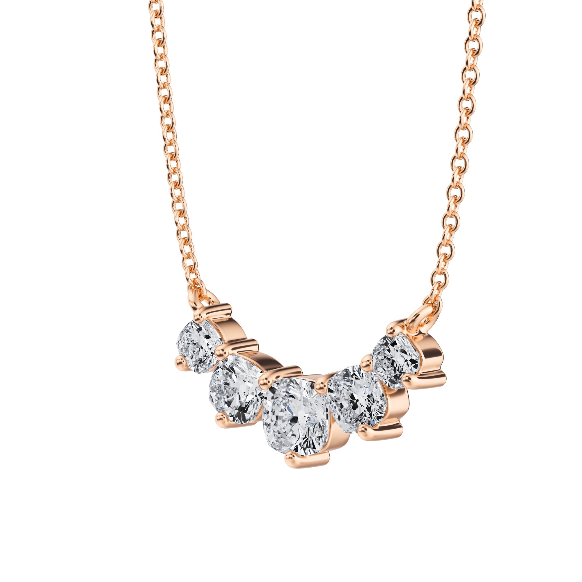 Chic 1 TCW lab grown cushion diamond
 necklace in pink gold, graduated style.