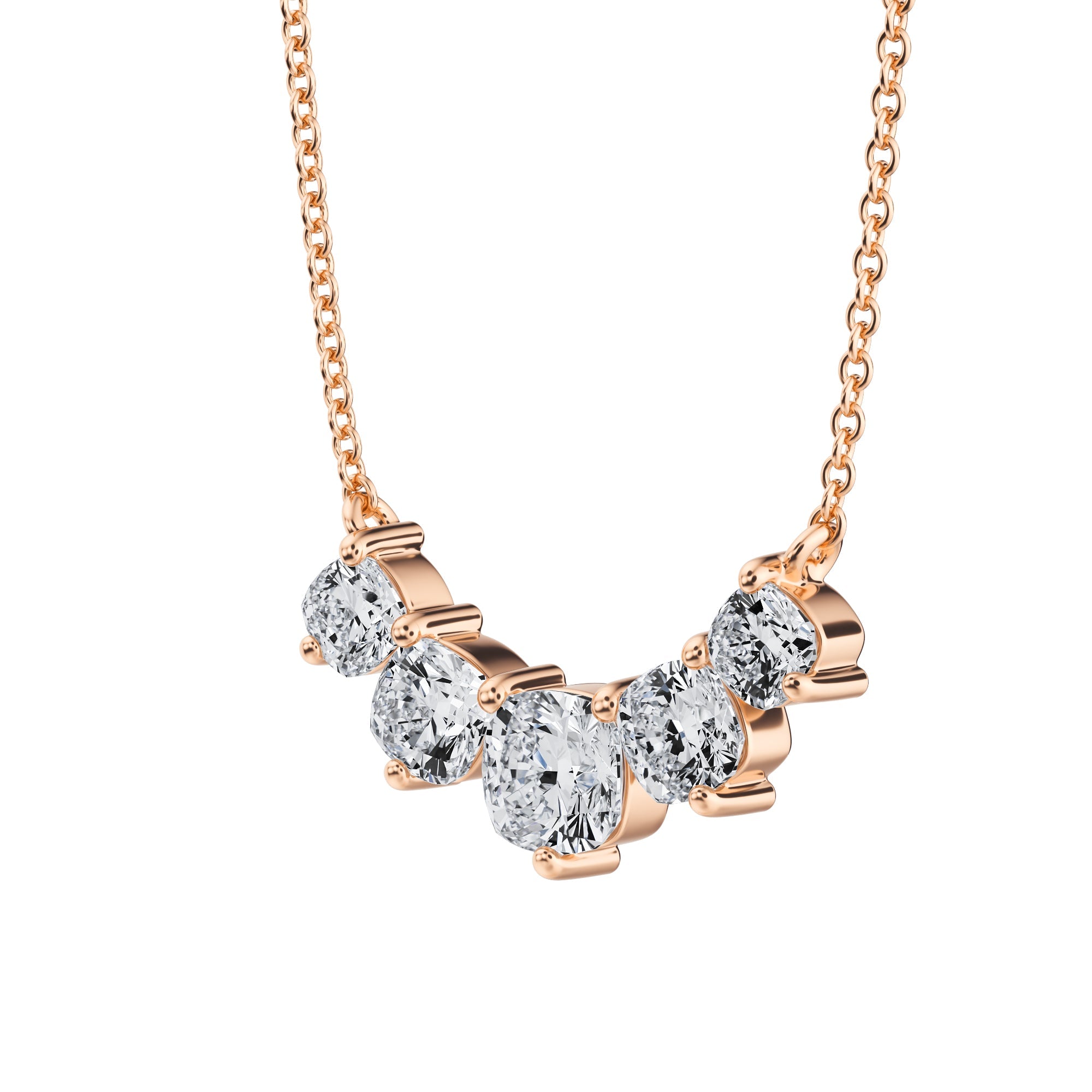 Glamorous 1.5 TCW graduated necklace featuring 
lab grown cushion diamonds in pink gold.