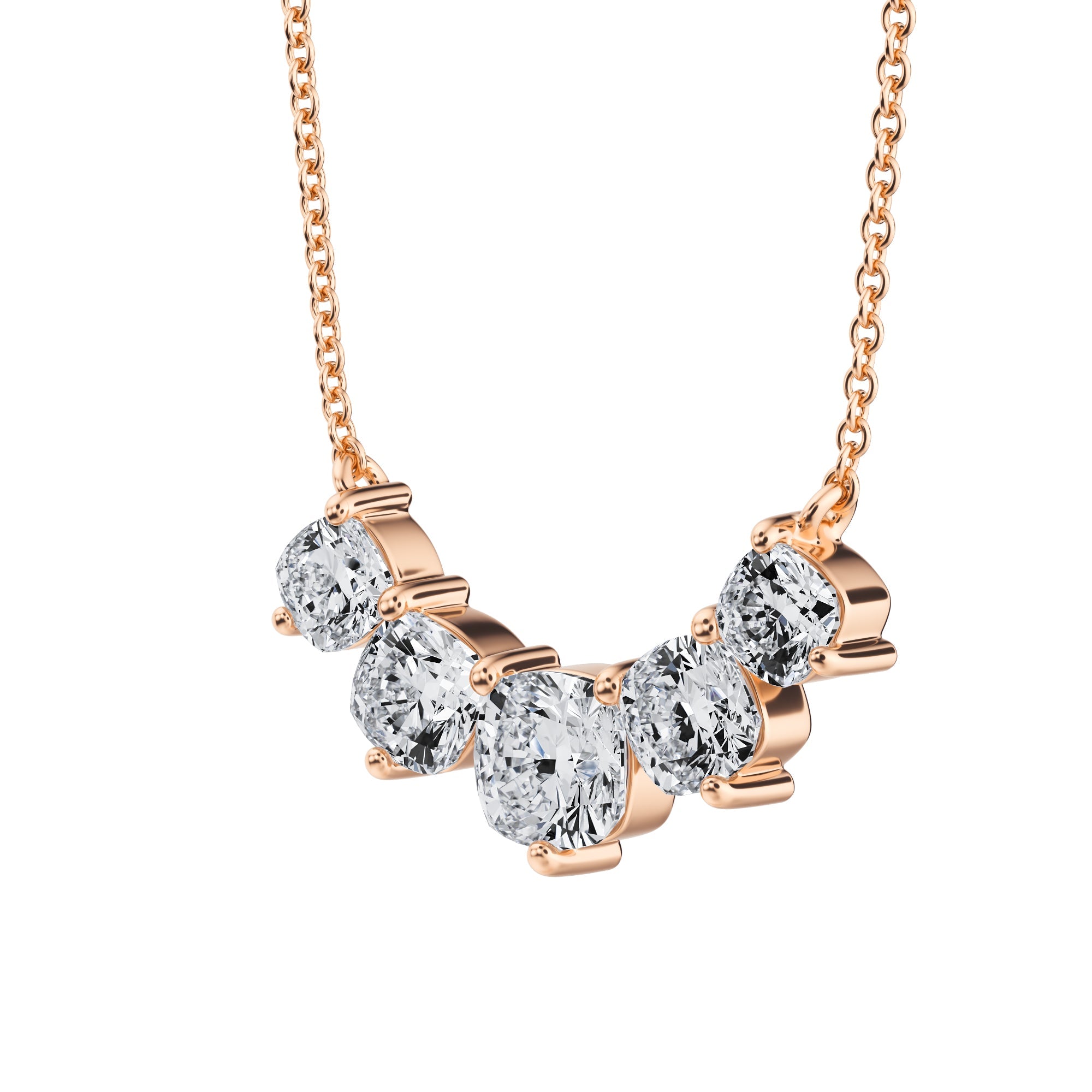 Adorn yourself with a 2 TCW graduated cushion 
lab grown diamond necklace in pink gold.