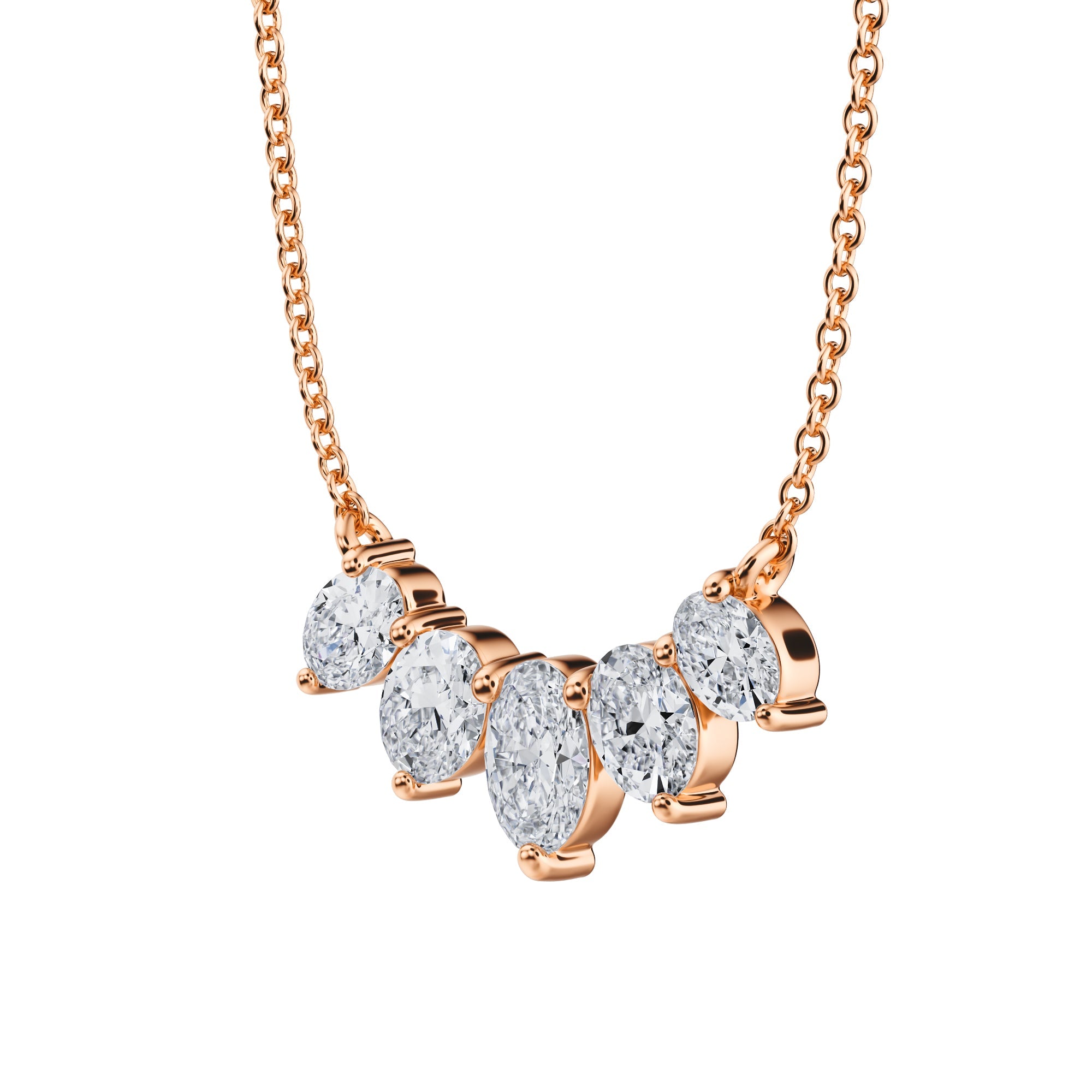 Refined 1 TCW graduated lab grown oval 
cut diamond  necklace in pink gold.