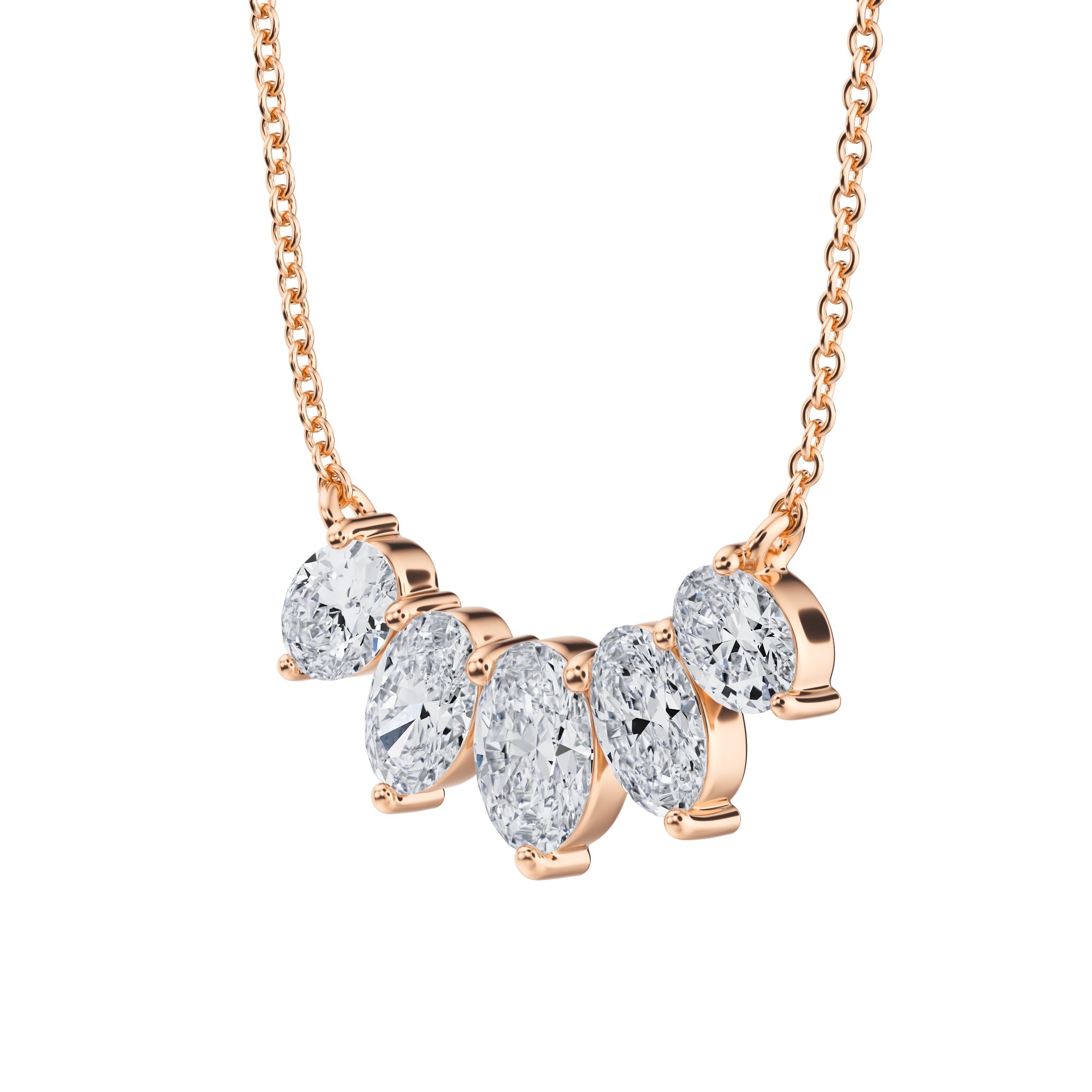 Exquisite 1.5 TCW graduated necklace with lab 
grown oval cut diamonds in pink gold.