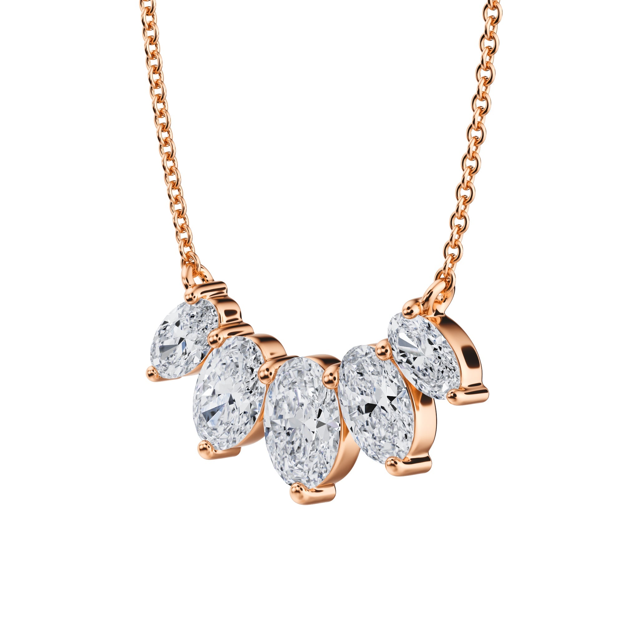 Timeless 2 TCW graduated lab grown oval 
cut diamond necklace in pink gold.