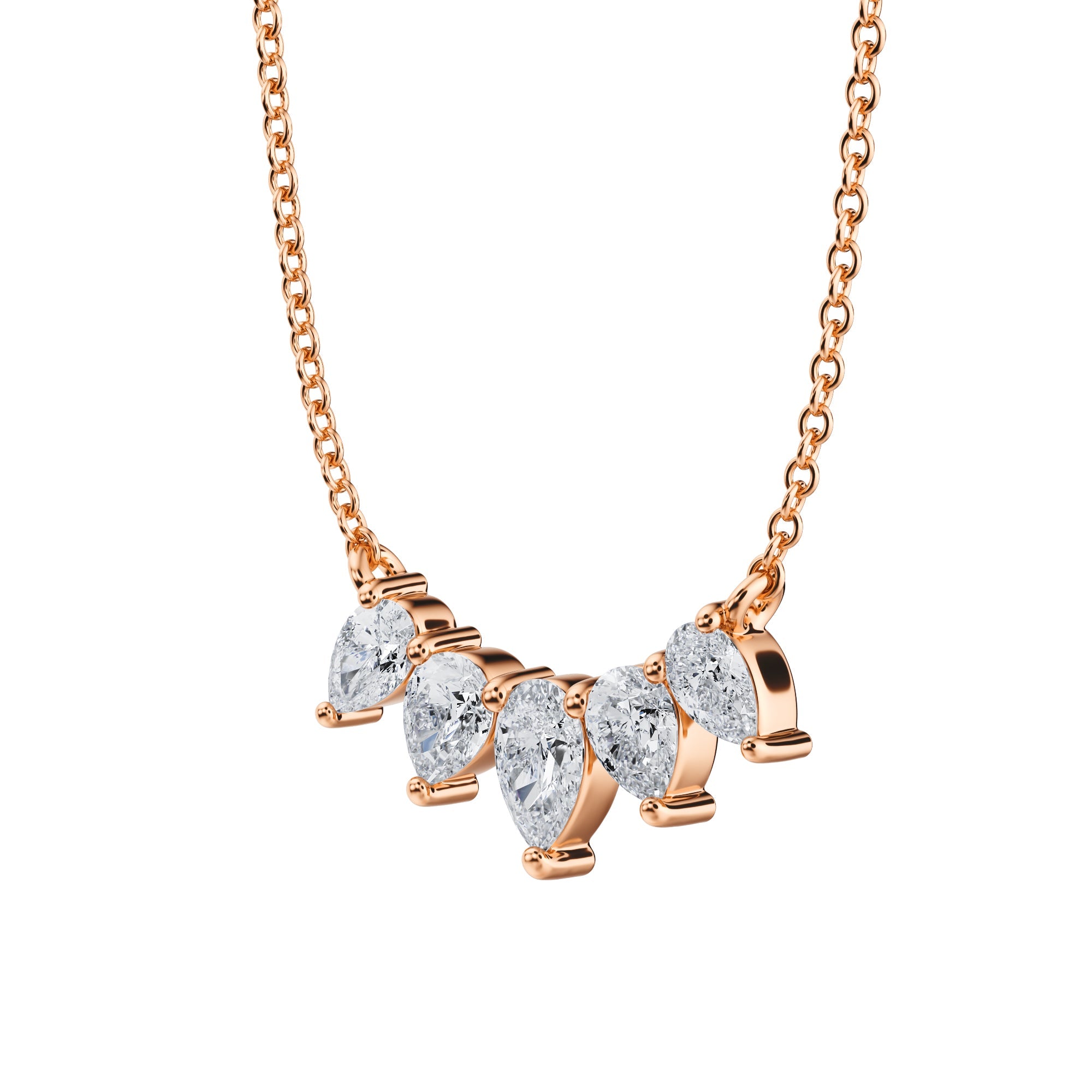 1 TCW graduated lab grown pear 
cut diamond necklace, elegant design in pink gold.