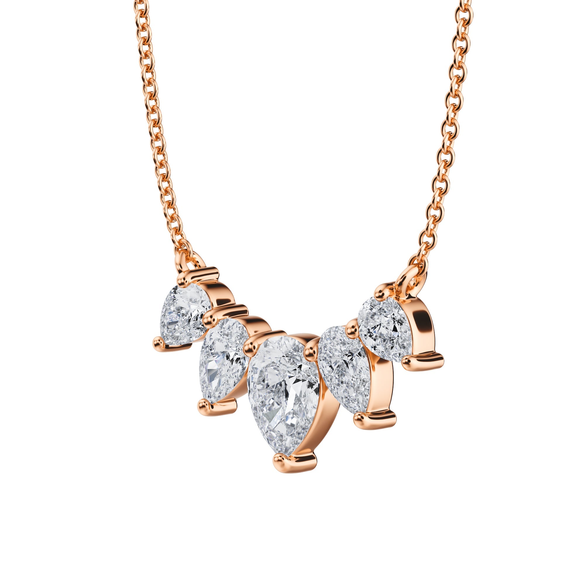 Glamorous 1.5 TCW graduated necklace 
featuring lab grown pear cut diamonds in pink gold.