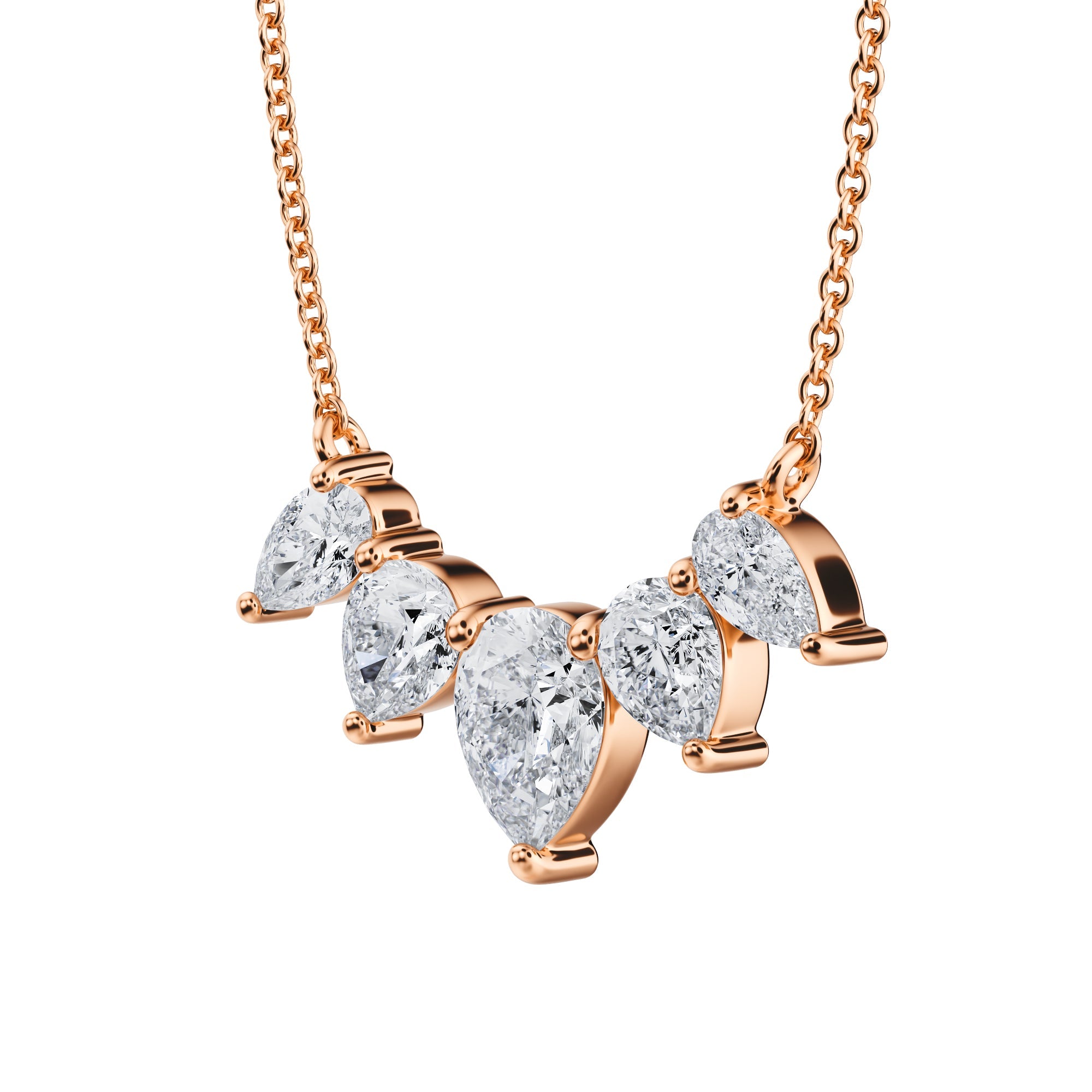 Chic 2 TCW lab grown pear cut 
diamond necklace in pink gold, graduated style.