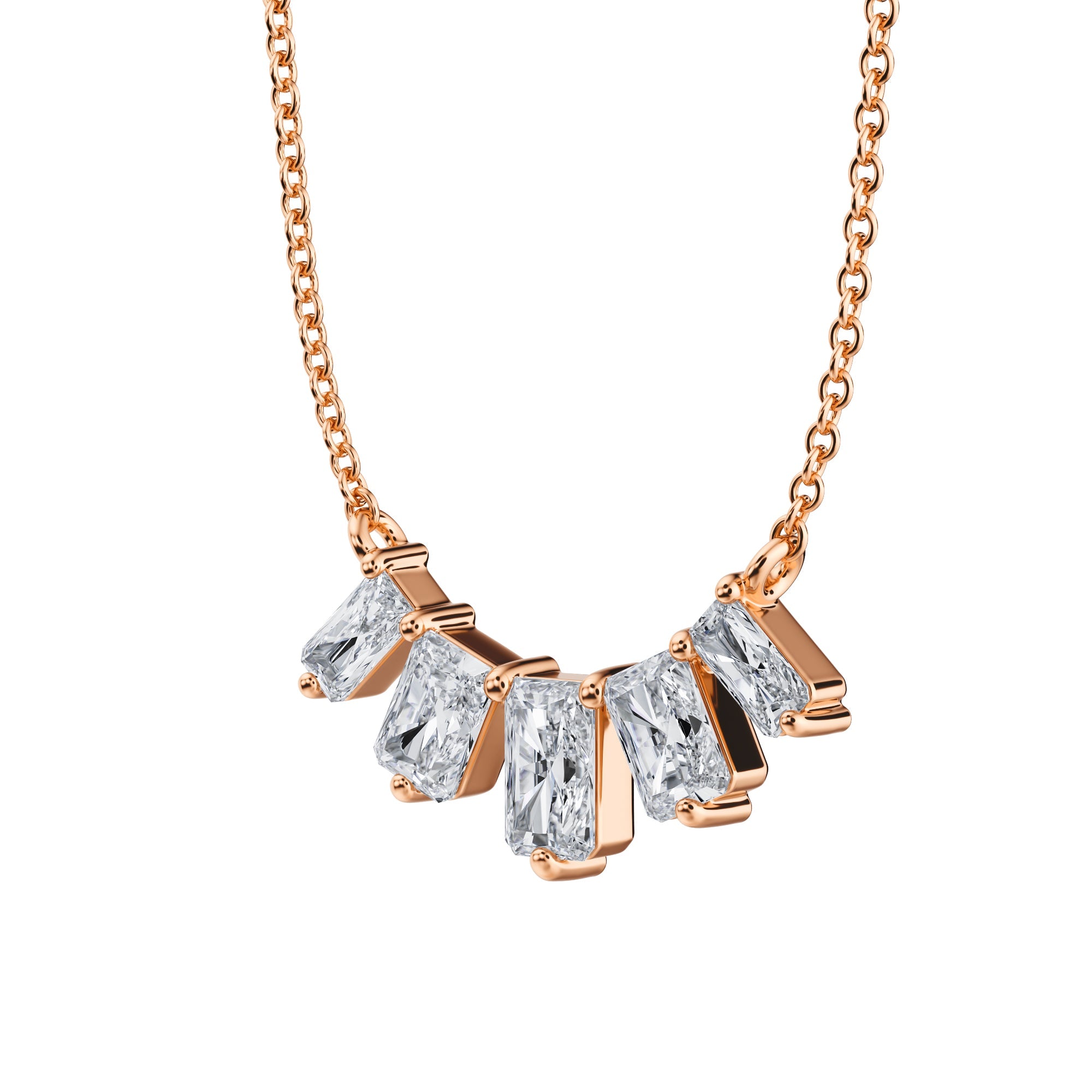 Sophisticated 1 TCW lab grown radiant 
diamond graduated necklace in pink gold.