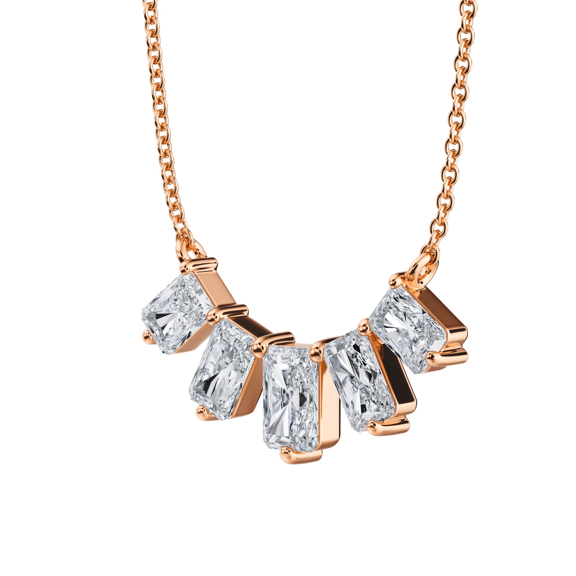 Graceful 1.5 TCW graduated radiant cut lab 
diamond necklace in pink gold.