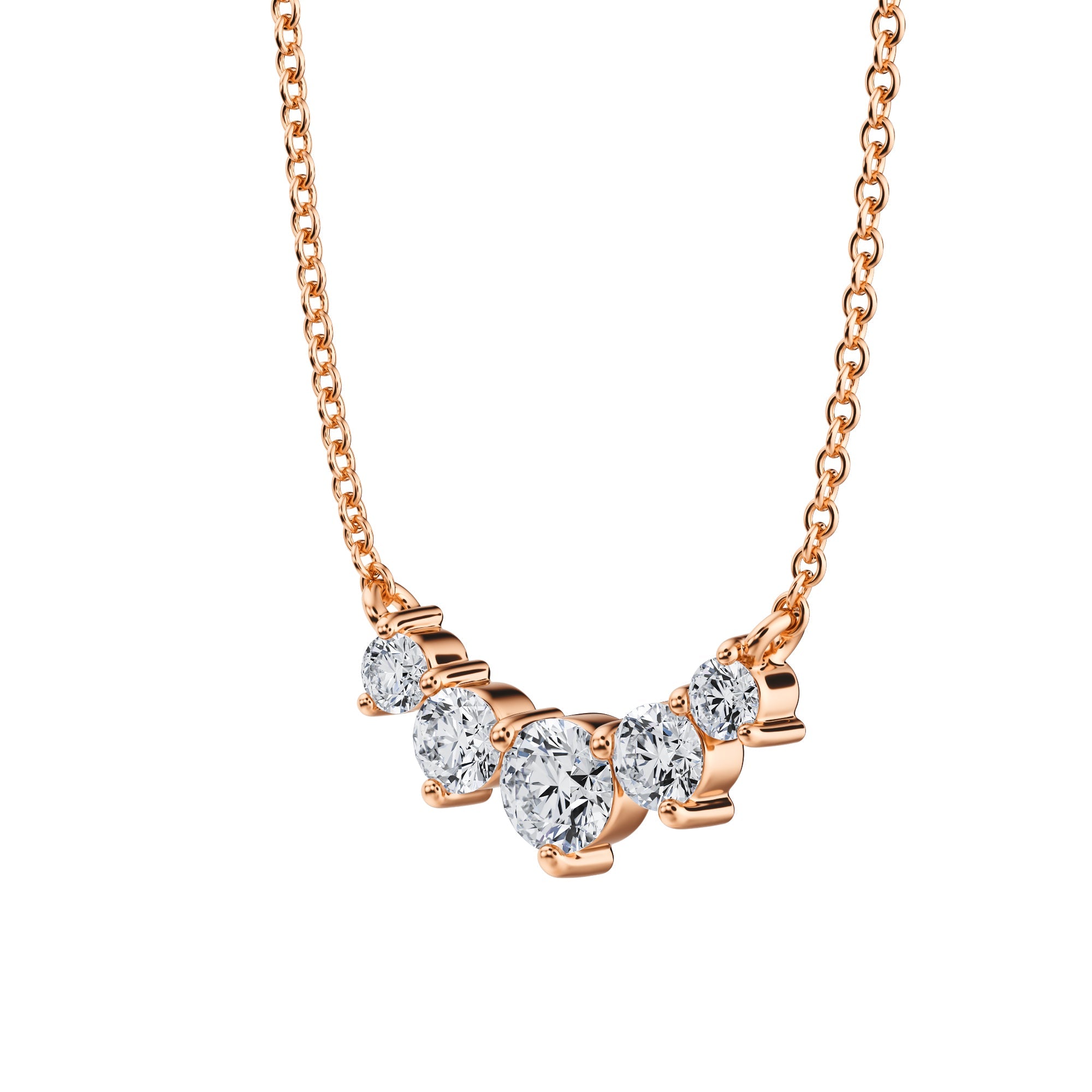 Refined 1/2 TCW lab grown diamond necklace 
with five graduated stones in pink gold.