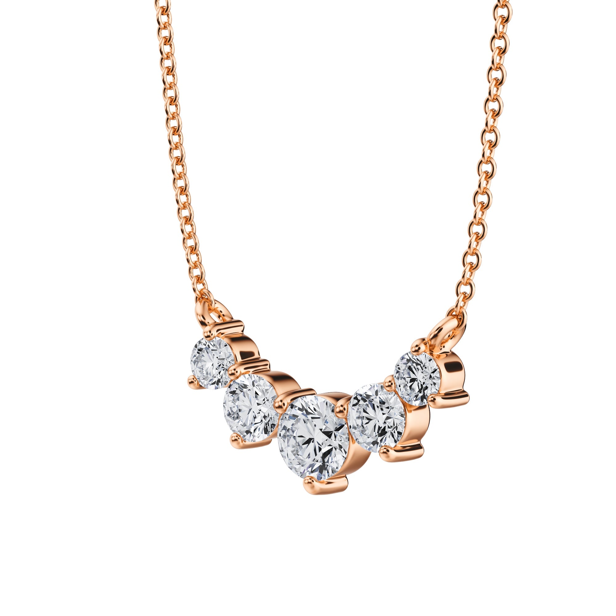 Sleek 3/4 TCW labgrown necklace with five graduated 
diamond in pink gold.