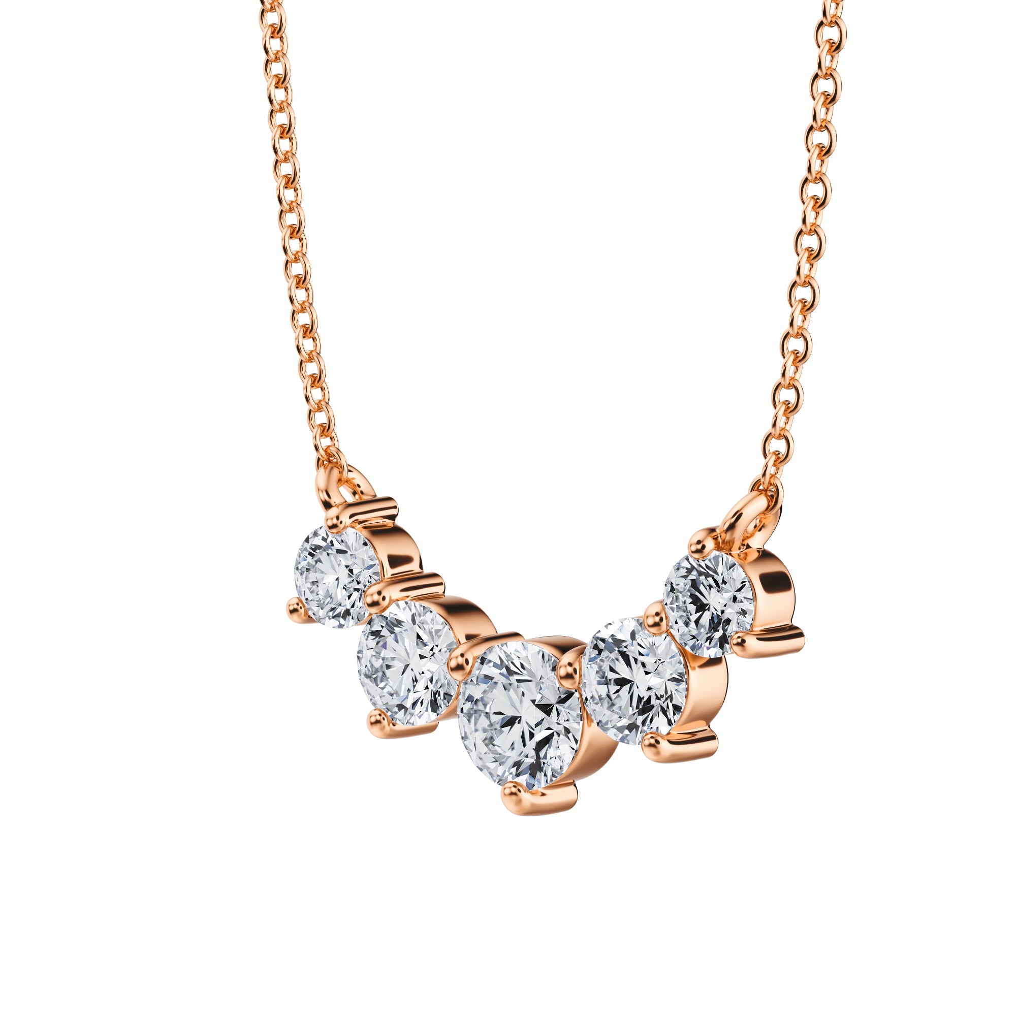 Streamlined 1 TCW lab-created diamond necklace 
with five graduated stones in pink gold.