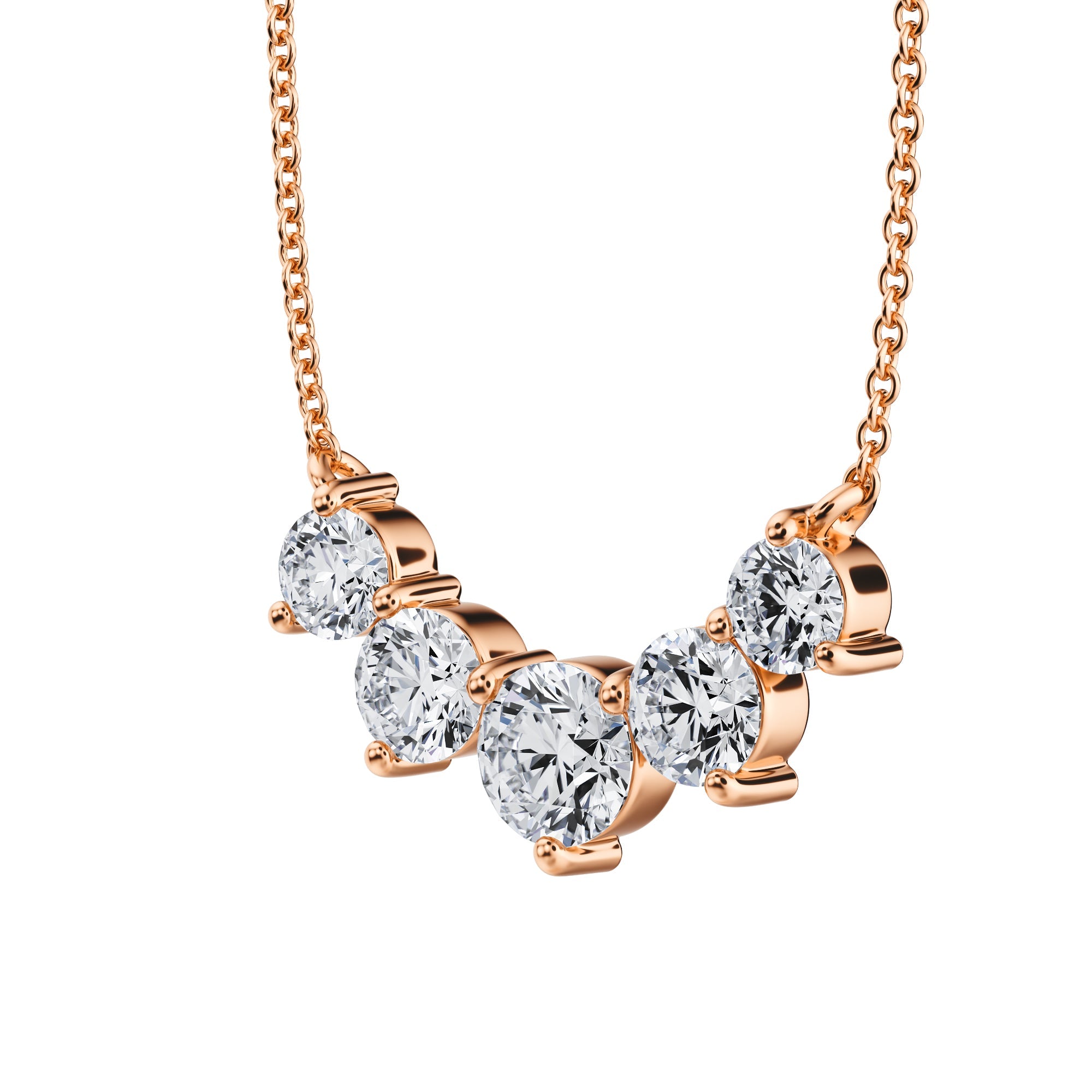 Stunning pink gold necklace featuring 1.5 TCW 
graduated lab grown diamonds.