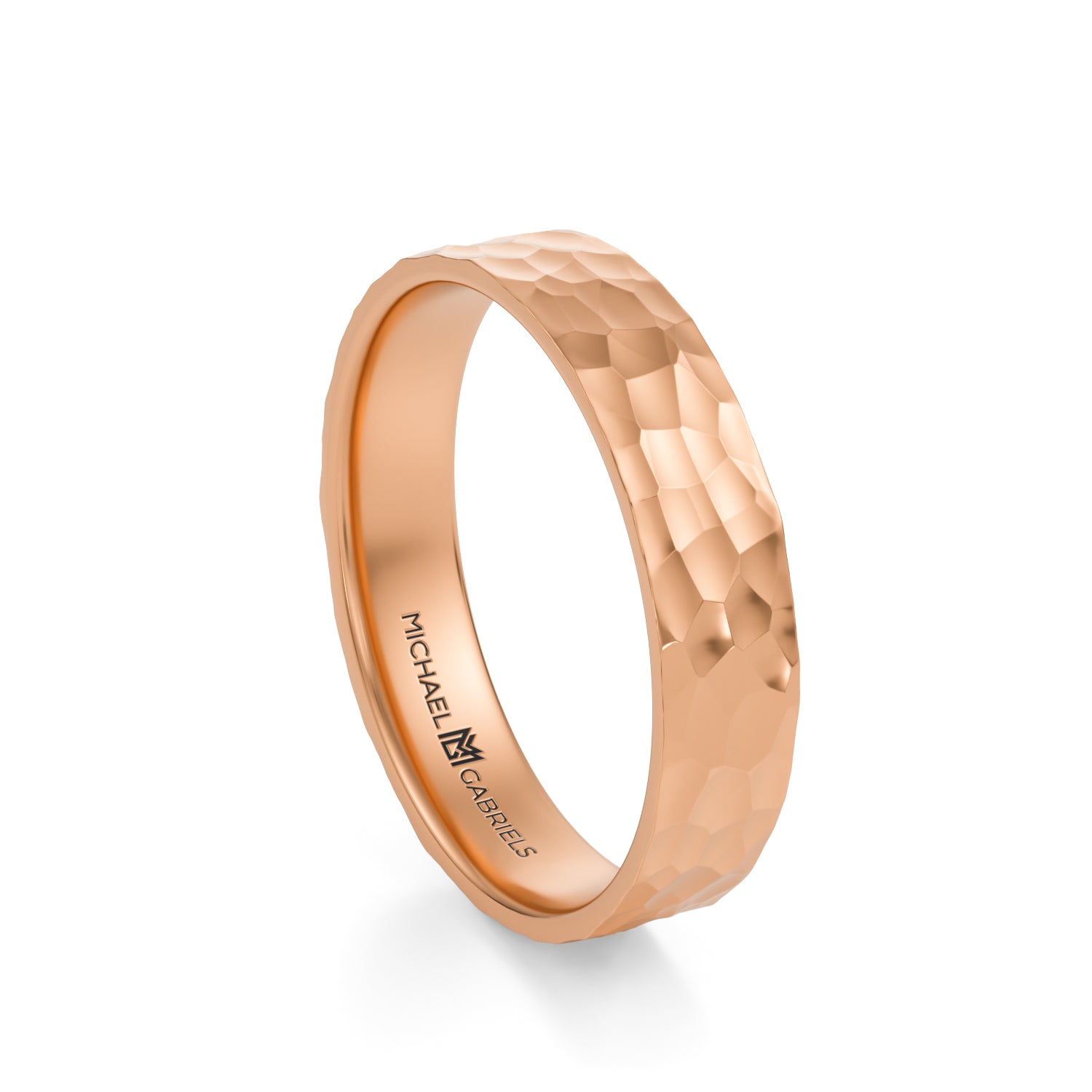 Rose Gold 4mm Mens Flat Wedding Band - Hammered High Polish