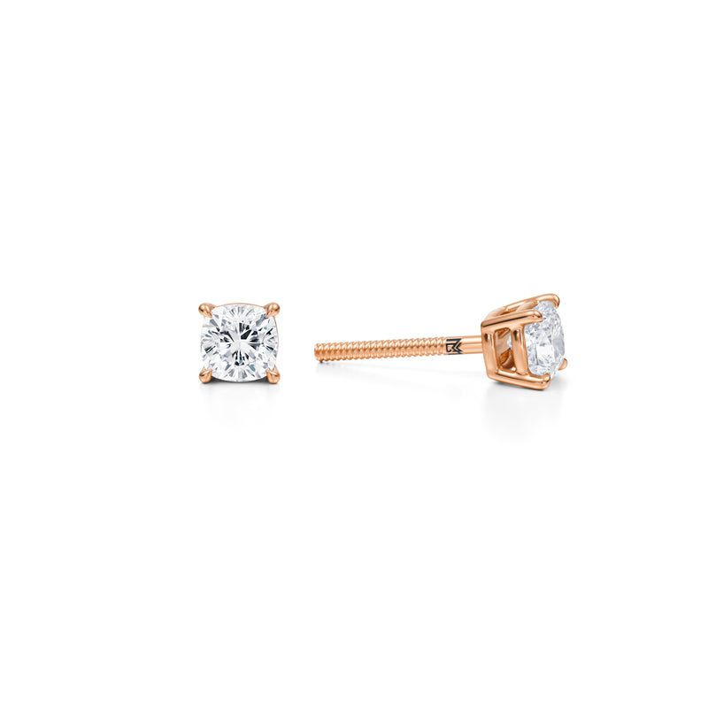 Rose gold lab diamond stud earrings, 3/4 carat cushion cut.