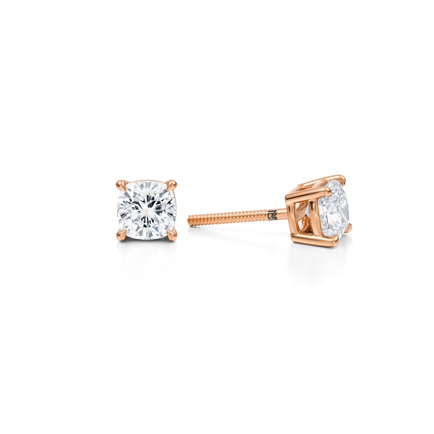 Rose gold lab diamond stud earrings, 1.25 carat cushion.