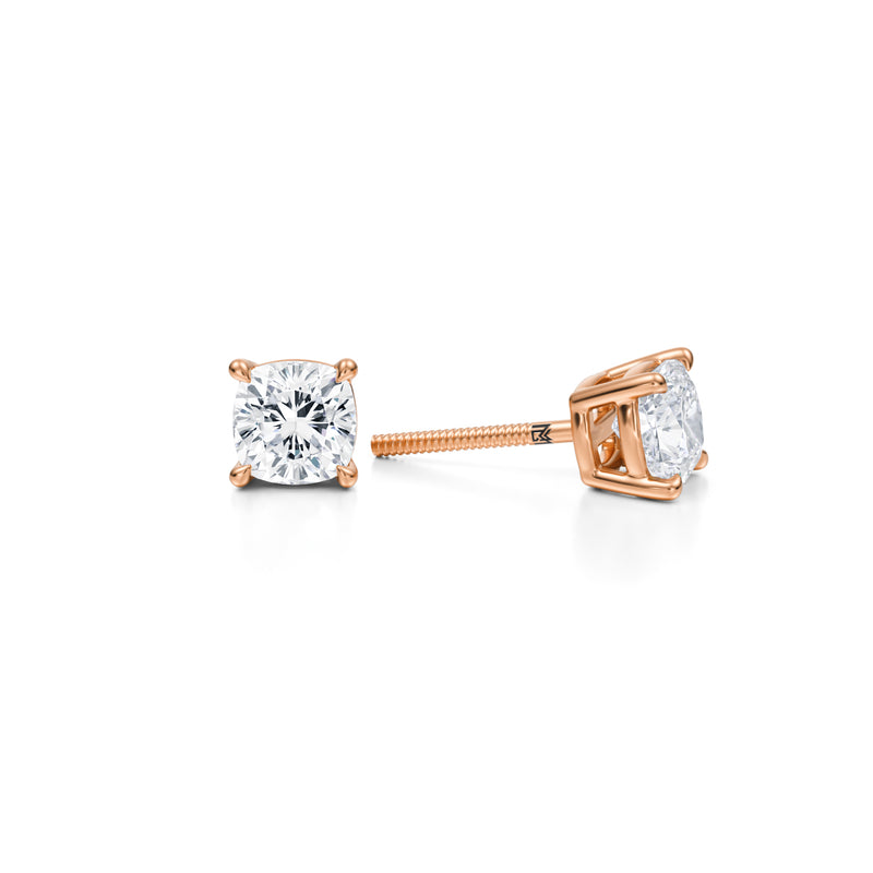 Rose gold lab diamond stud earrings, 1.5 carat cushion.