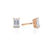 Rose gold lab diamond stud earrings with 1.5 carat emerald stones.