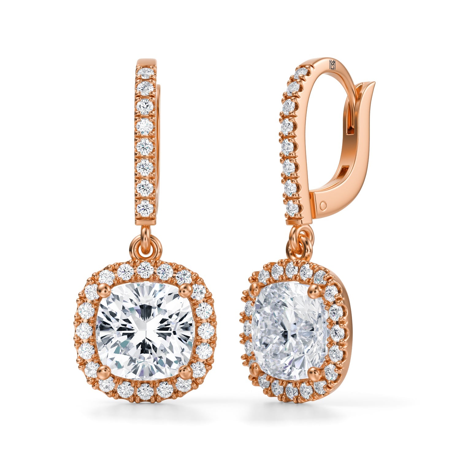 4 Carat Cushion Halo Drop Earrings