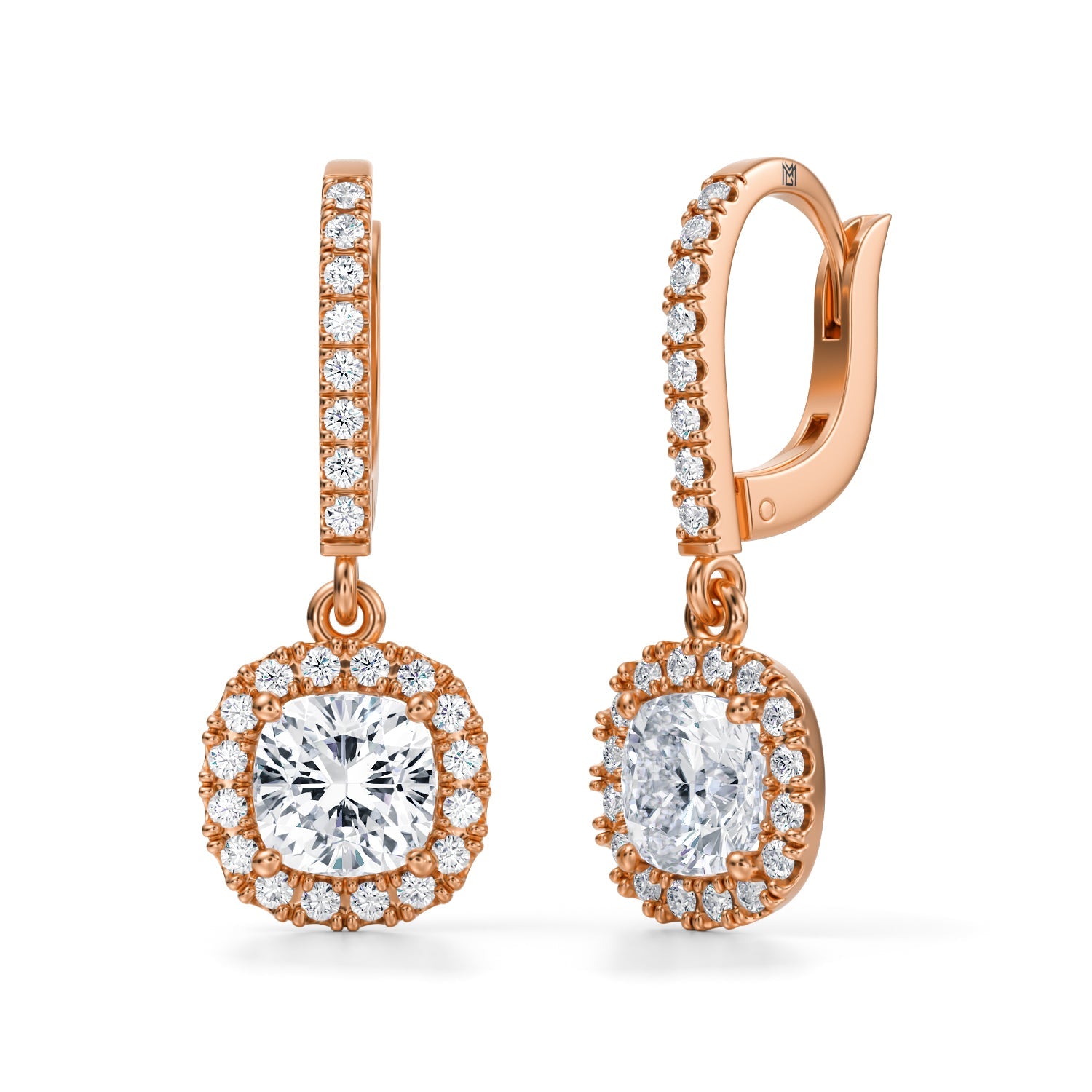 2 1/2 Carat  Cushion Halo Drop Earrings