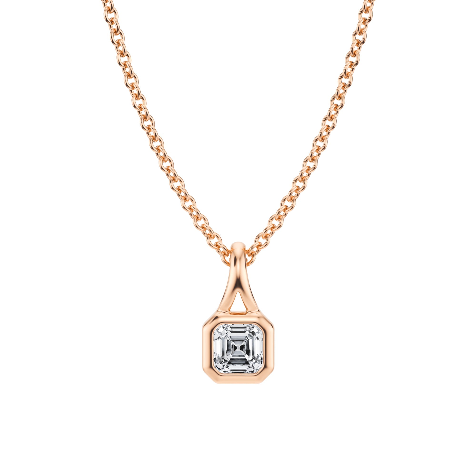 Stylish 1/4 Carat Asscher Lab Grown Diamond Split Bail Bezel Necklace in Pink Gold