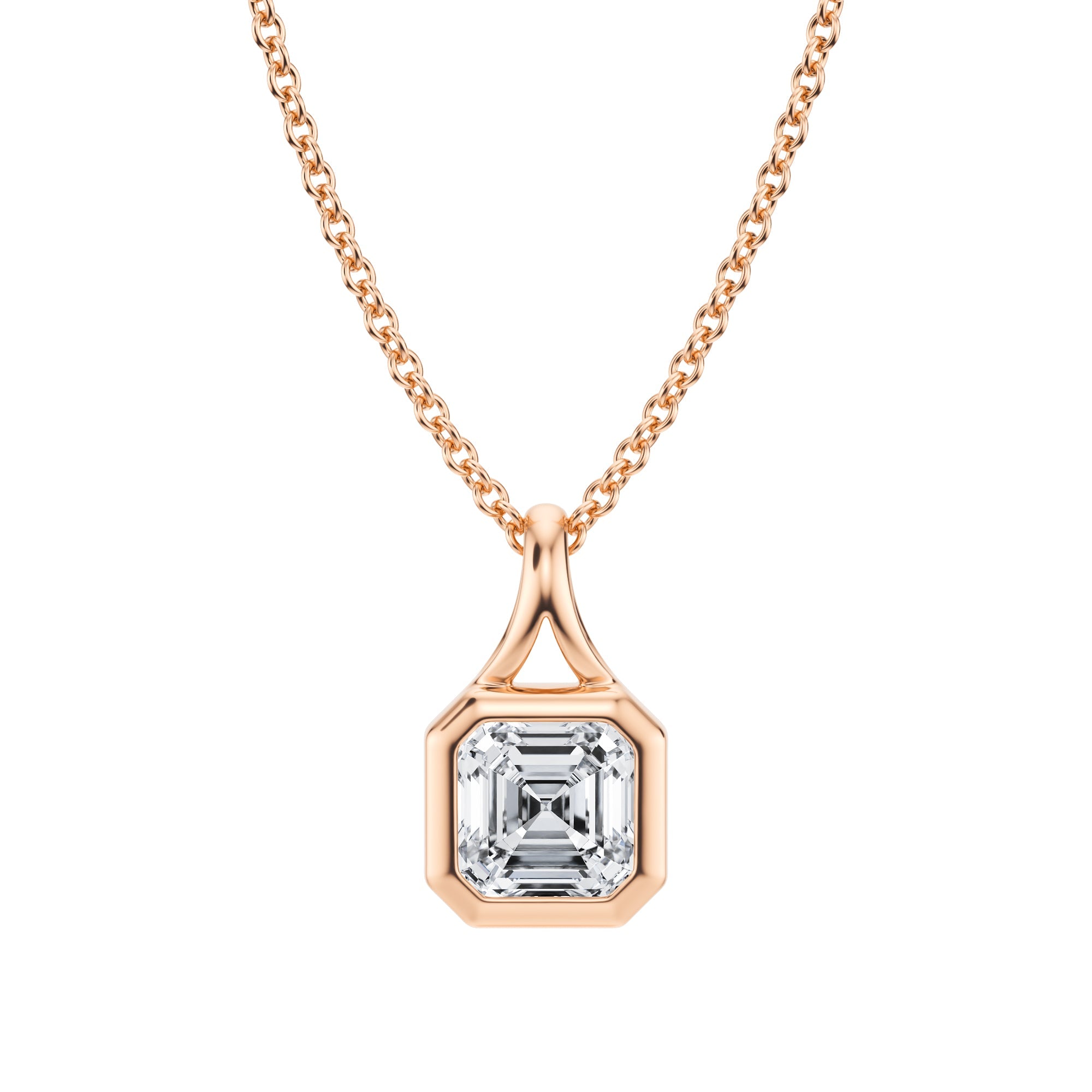 Gorgeous 3/4 Carat Asscher Lab Grown Diamond Split Bail Bezel Necklace in Pink Gold