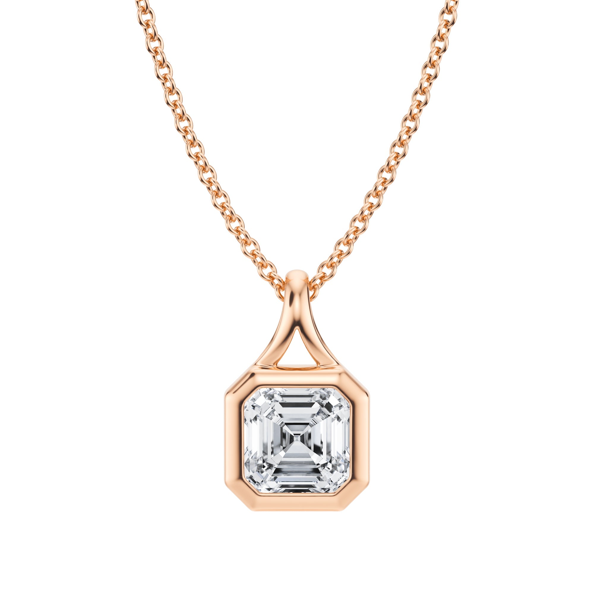 Polished 1 Carat Asscher Lab Grown Diamond Split Bail Bezel Necklace in Pink Gold