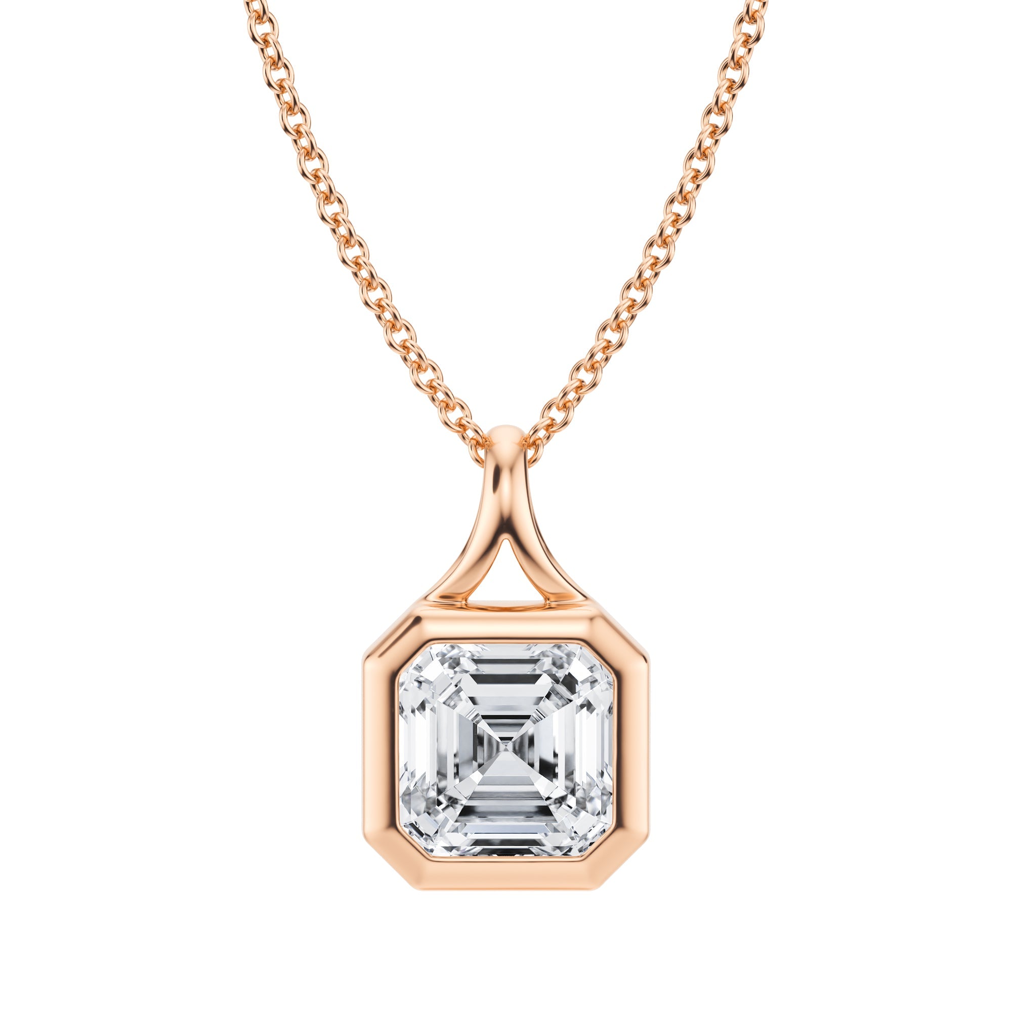 Luminous 1.5 Carat Asscher Cut Lab Grown Diamond Split Bail Bezel Pendant in Pink Gold