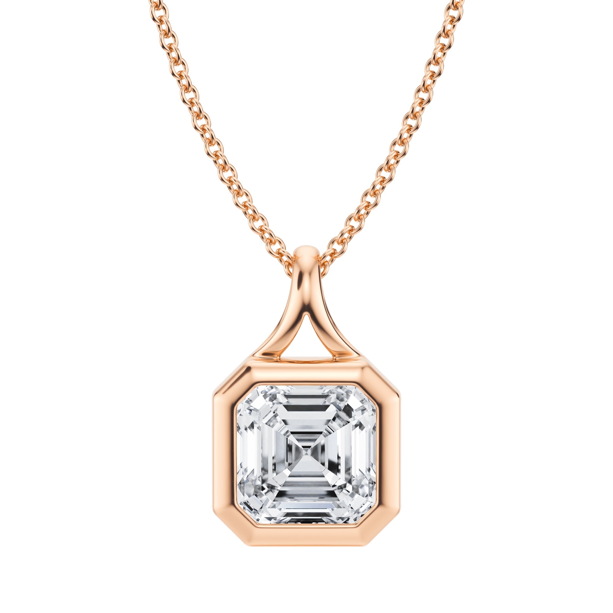 Delightful 2 Carat Asscher Lab Grown Diamond Split Bail Bezel Pendant in Pink Gold