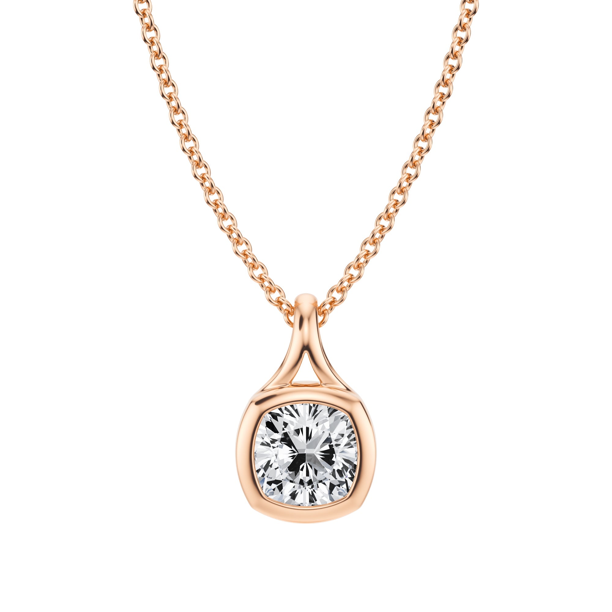 Brilliant 3/4 Carat Cushion Lab Grown Diamond Split Bail Bezel Pendant in Pink Gold