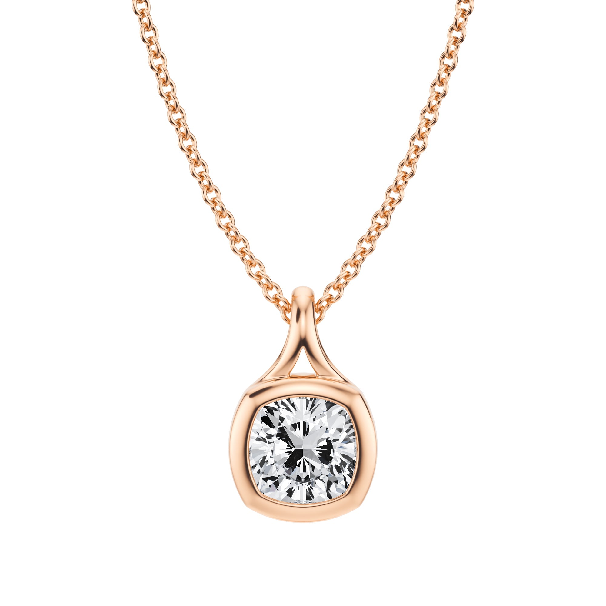 Exquisite 1 Carat Cushion Lab Grown Diamond Split Bail Bezel Necklace in Pink Gold