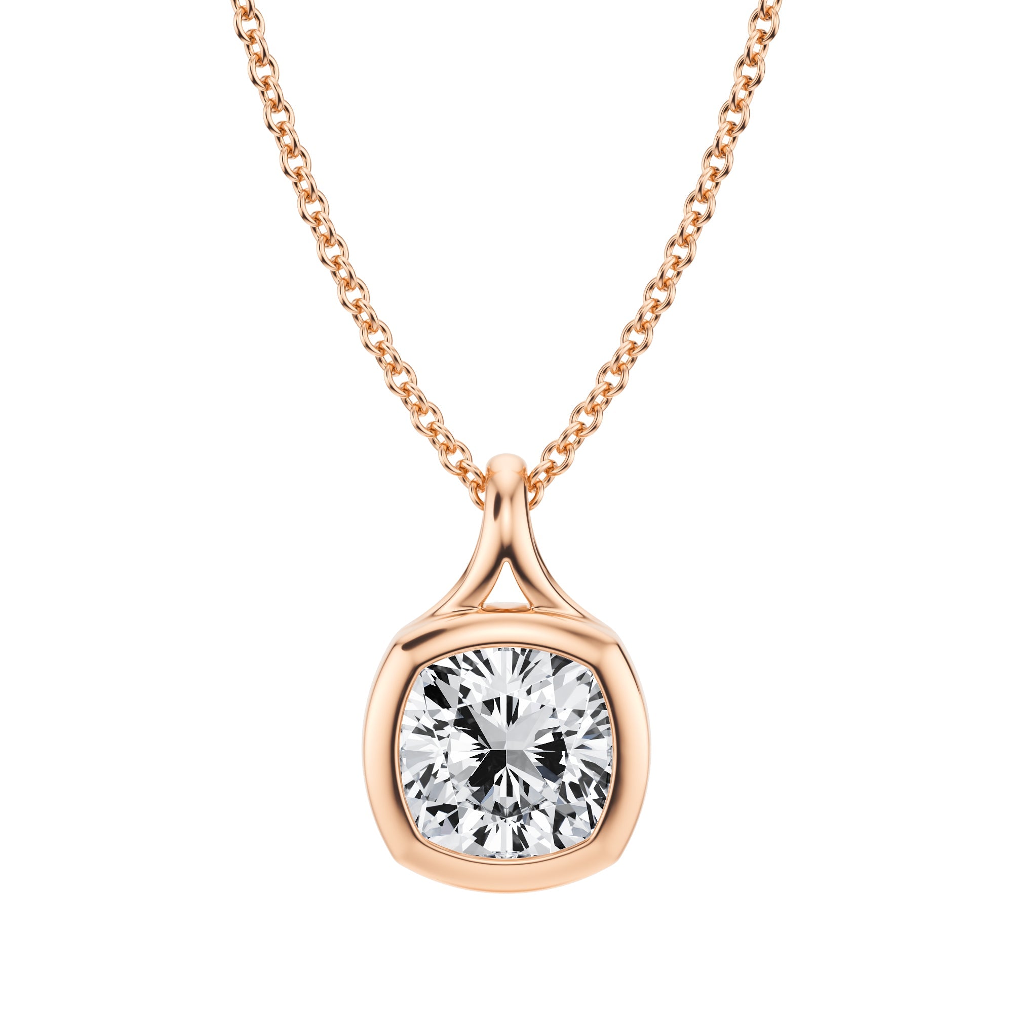 Refined 1.5 Carat Cushion Cut Lab Grown Diamond Split Bail Bezel Necklace in Pink Gold