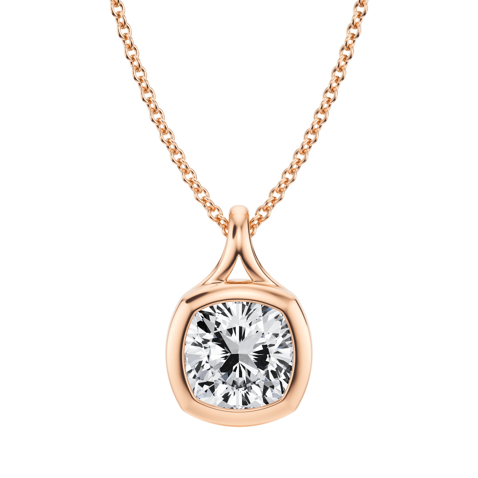 Refined 2 Carat Cushion Cut Lab Grown Diamond Split Bail Bezel Necklace in Pink Gold