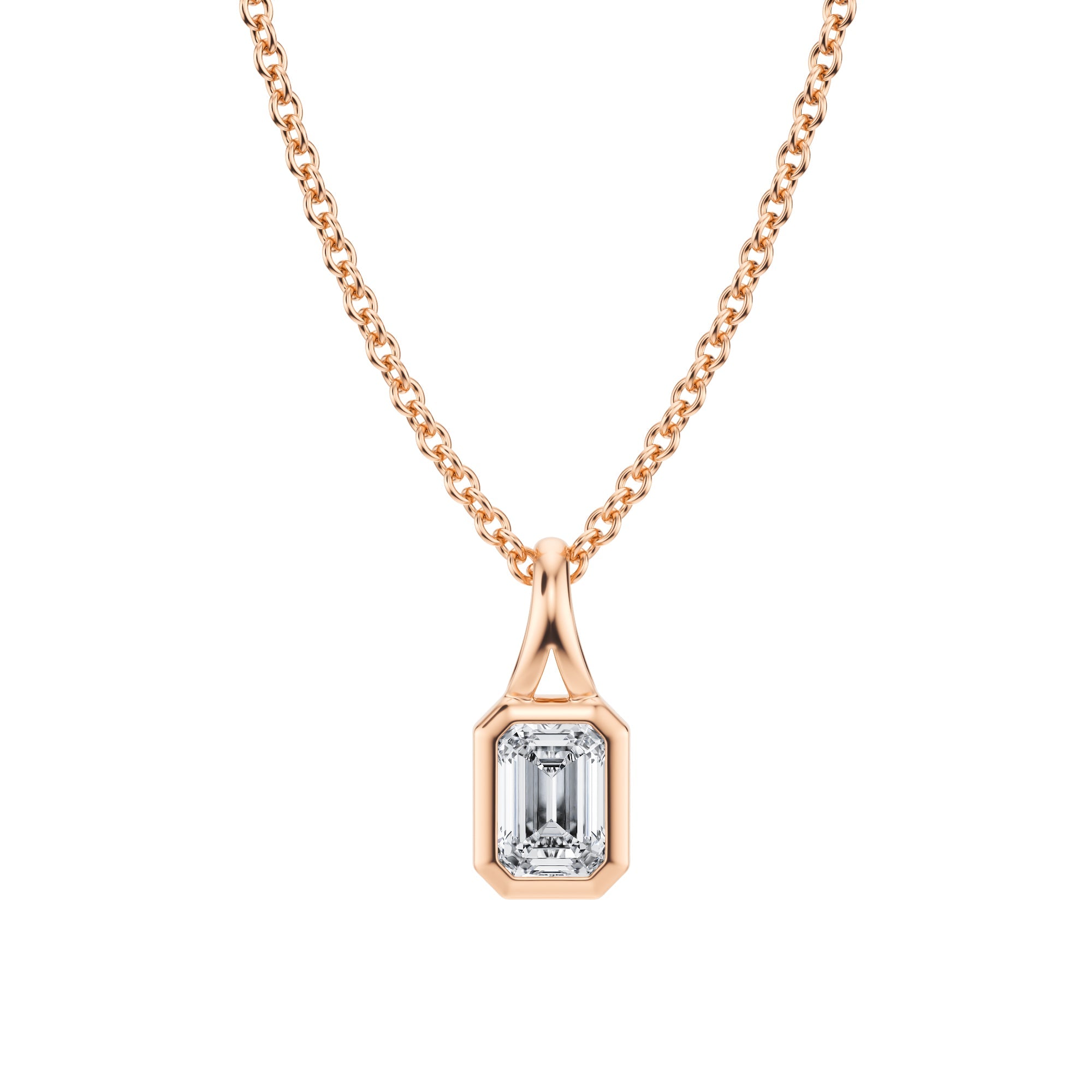 Beautiful 1/4 Carat Emerald Lab Grown Diamond Split Bail Bezel Necklace in Pink Gold