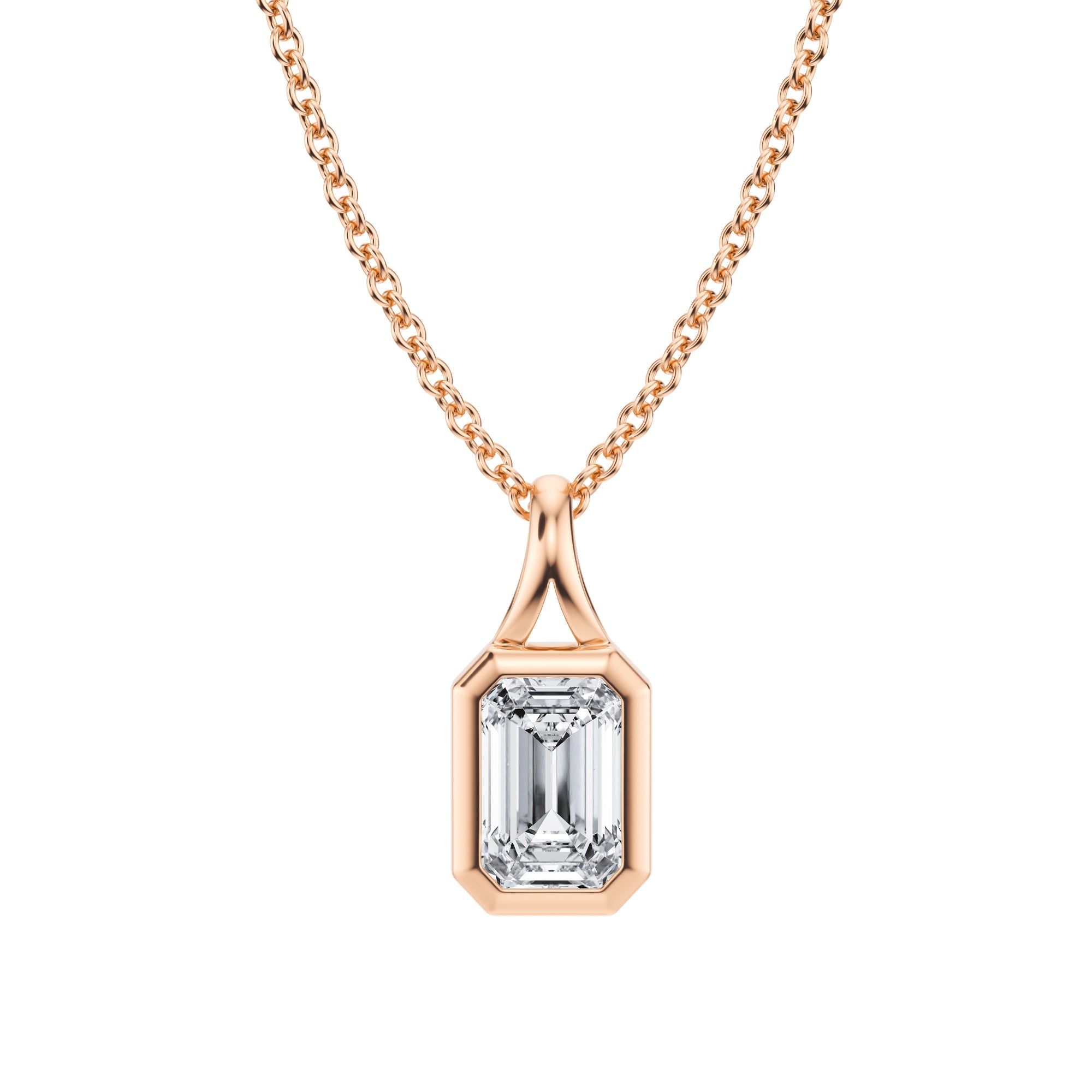 Intricate 1/2 Carat Emerald Lab Grown Diamond Split Bail Bezel Necklace in Pink Gold