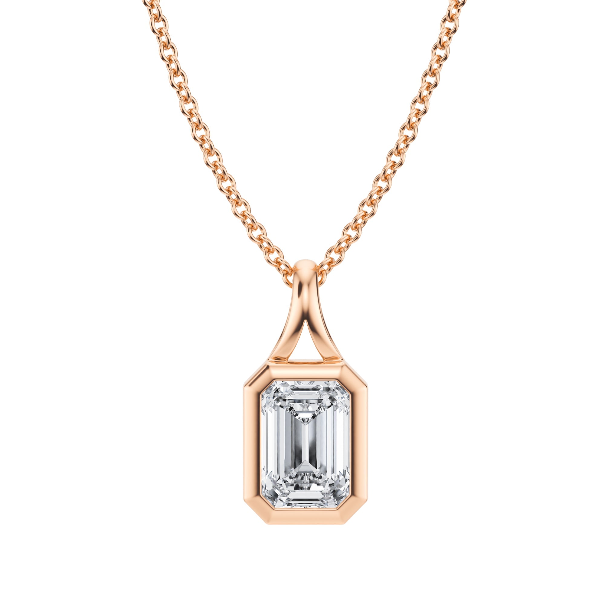 Captivating 3/4 Carat Emerald Lab Grown Diamond Split Bail Bezel Pendant in Pink Gold