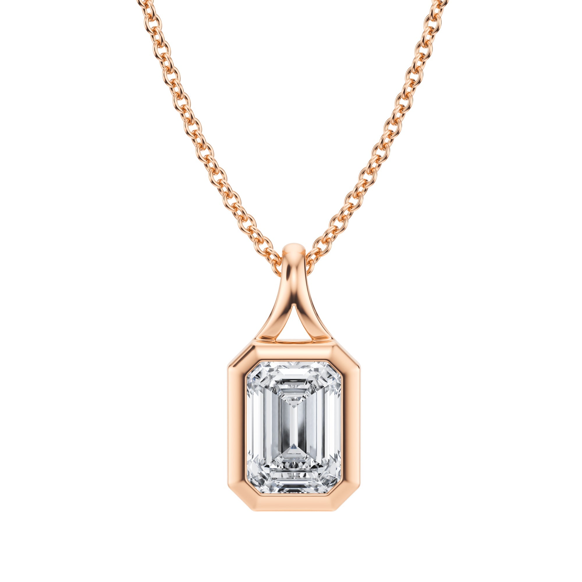 Charming 1 Carat Emerald Lab Grown Diamond Split Bail Bezel Pendant in Pink Gold