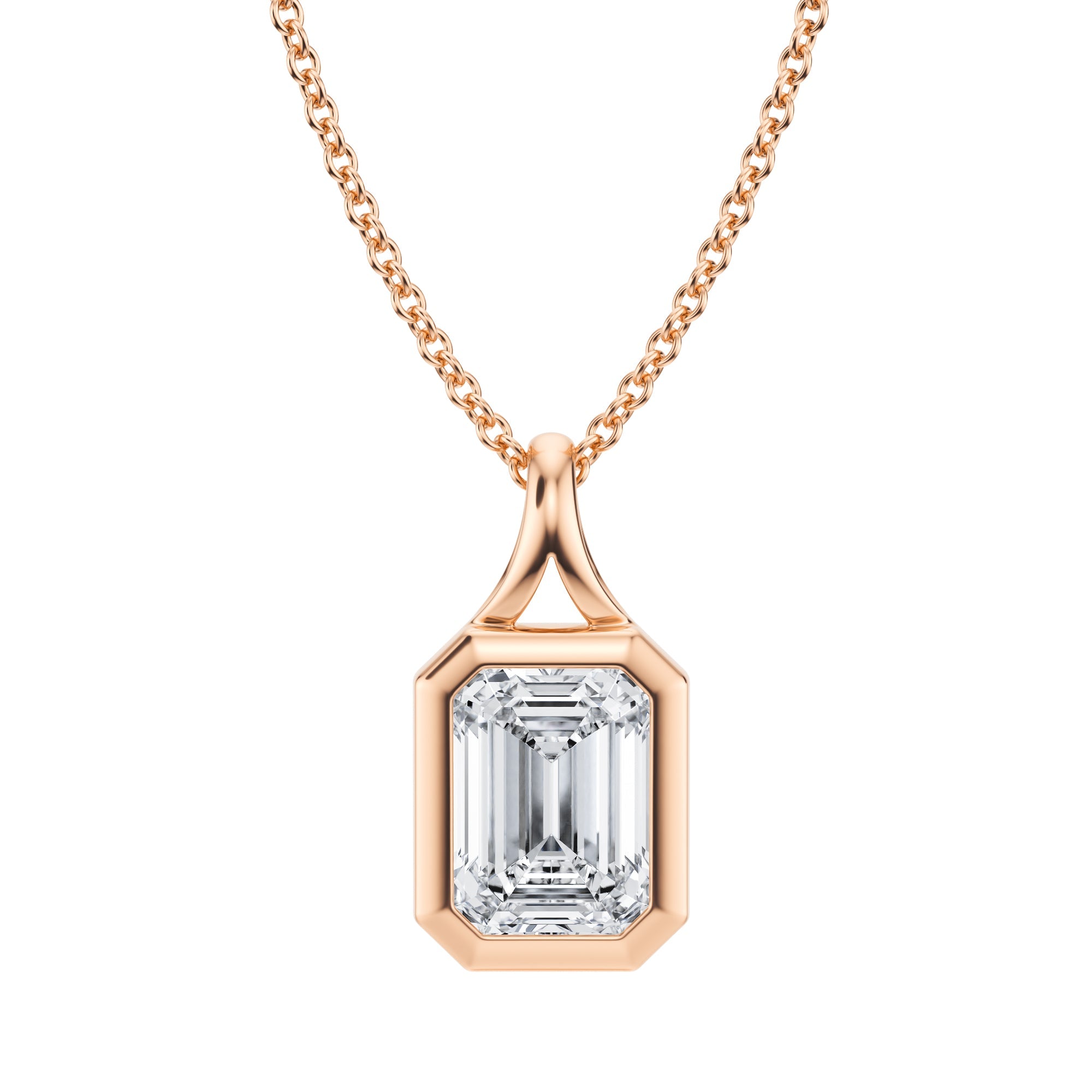 Gorgeous 1.5 Carat Emerald Lab Grown Diamond Split Bail Bezel Necklace in Pink Gold