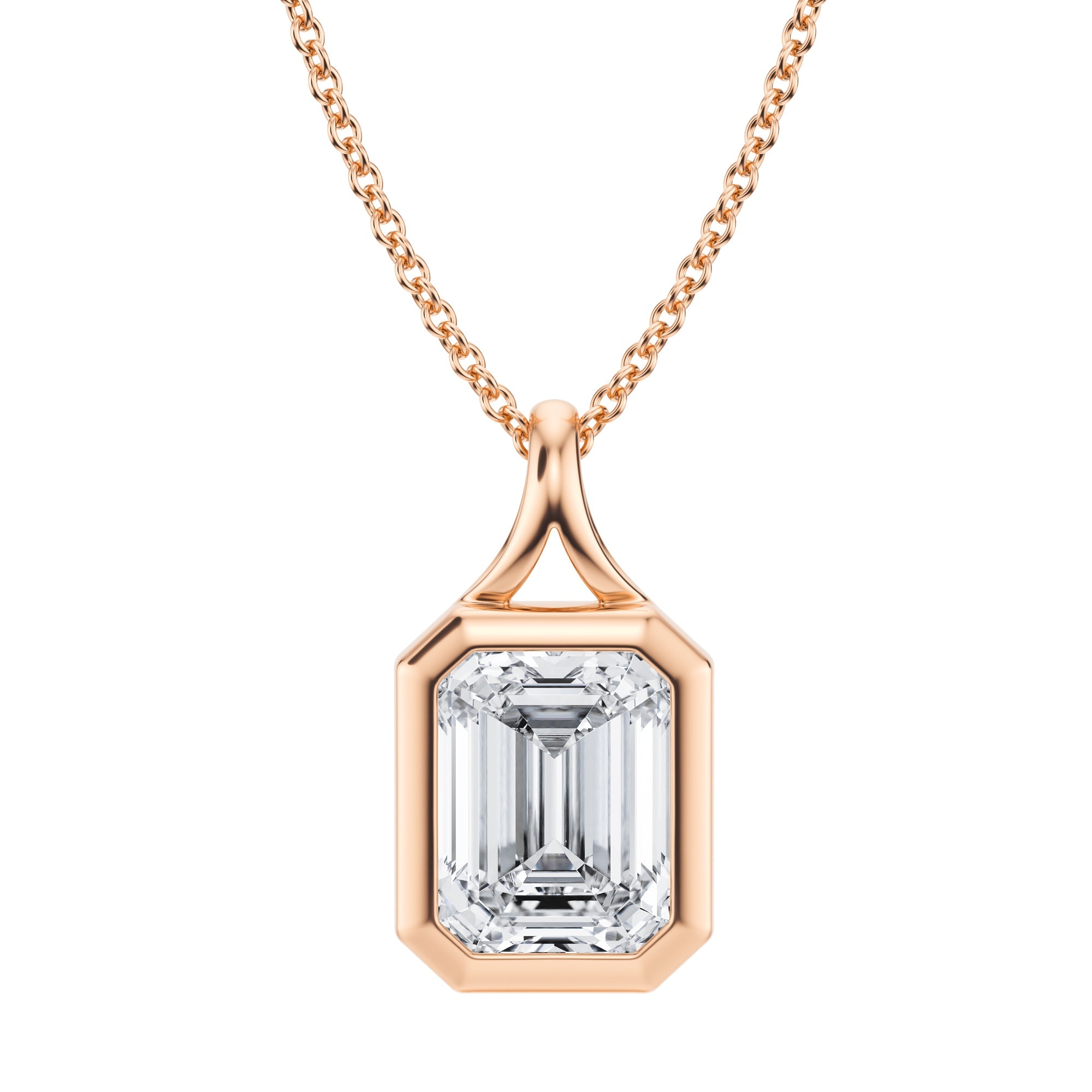 2 Carat Emerald-Shaped Lab Grown Diamond Split Bail Bezel Necklace in Pink Gold