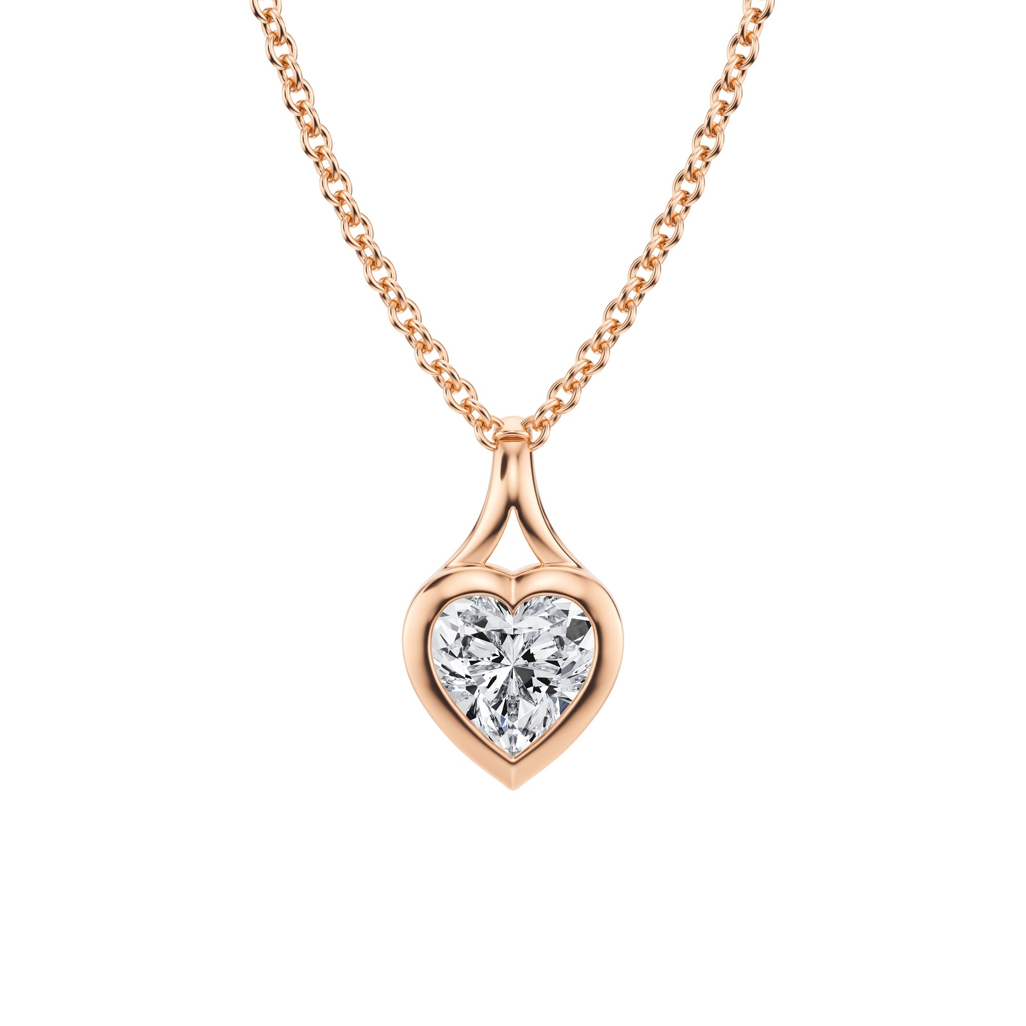 Stylish 1/2 Carat Heart Lab Grown Diamond Split Bail Bezel Necklace in Pink Gold