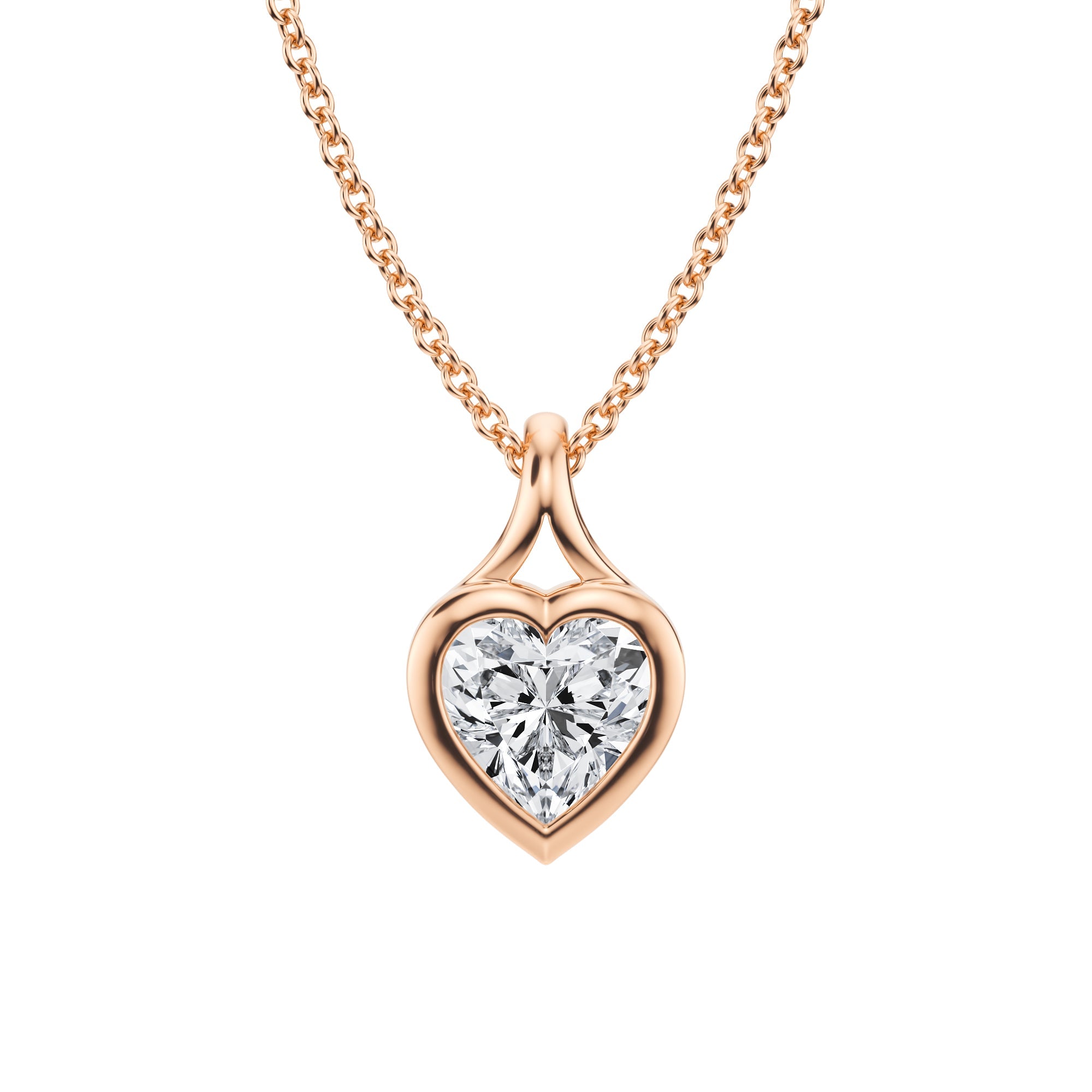 3/4 Carat Heart Lab Grown Diamond Split Bail Bezel Necklace in Pink Gold