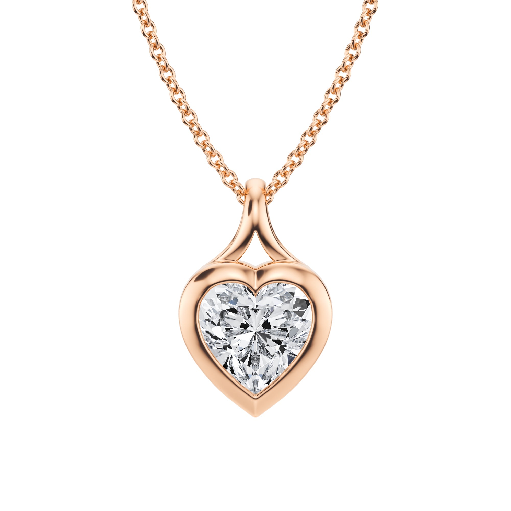 Charming 1.5 Carat Heart Lab Grown Diamond Split Bail Bezel Necklace in Pink Gold