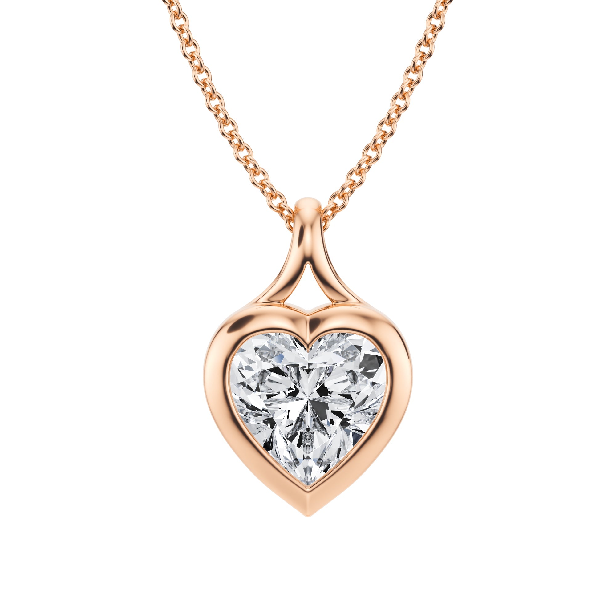 2 Carat Heart Lab Grown Diamond Split Bail Bezel Necklace in Bezel Setting in Pink Gold