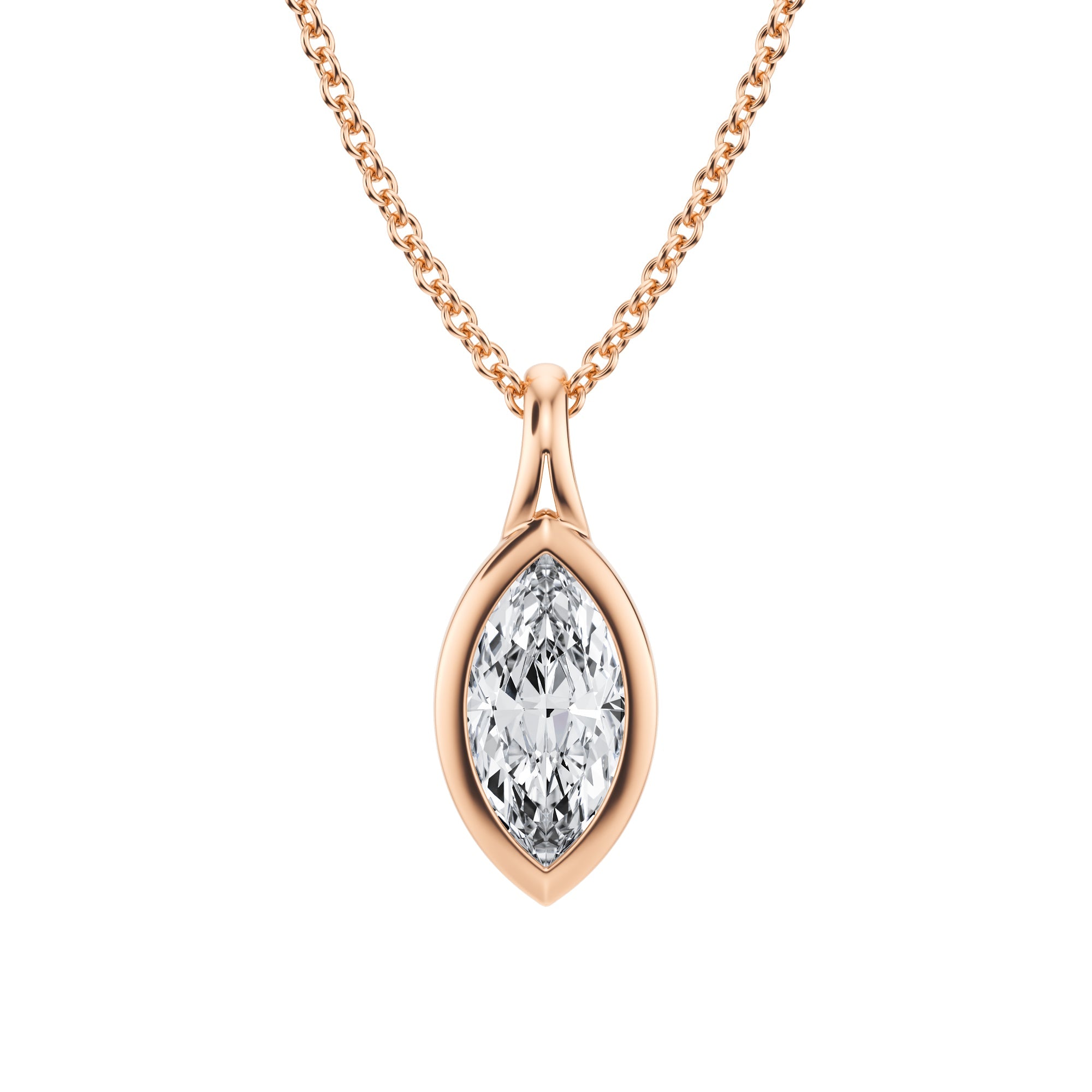 Stylish 3/4 Carat Marquise Lab Grown Diamond Split Bail Bezel Necklace in Pink Gold