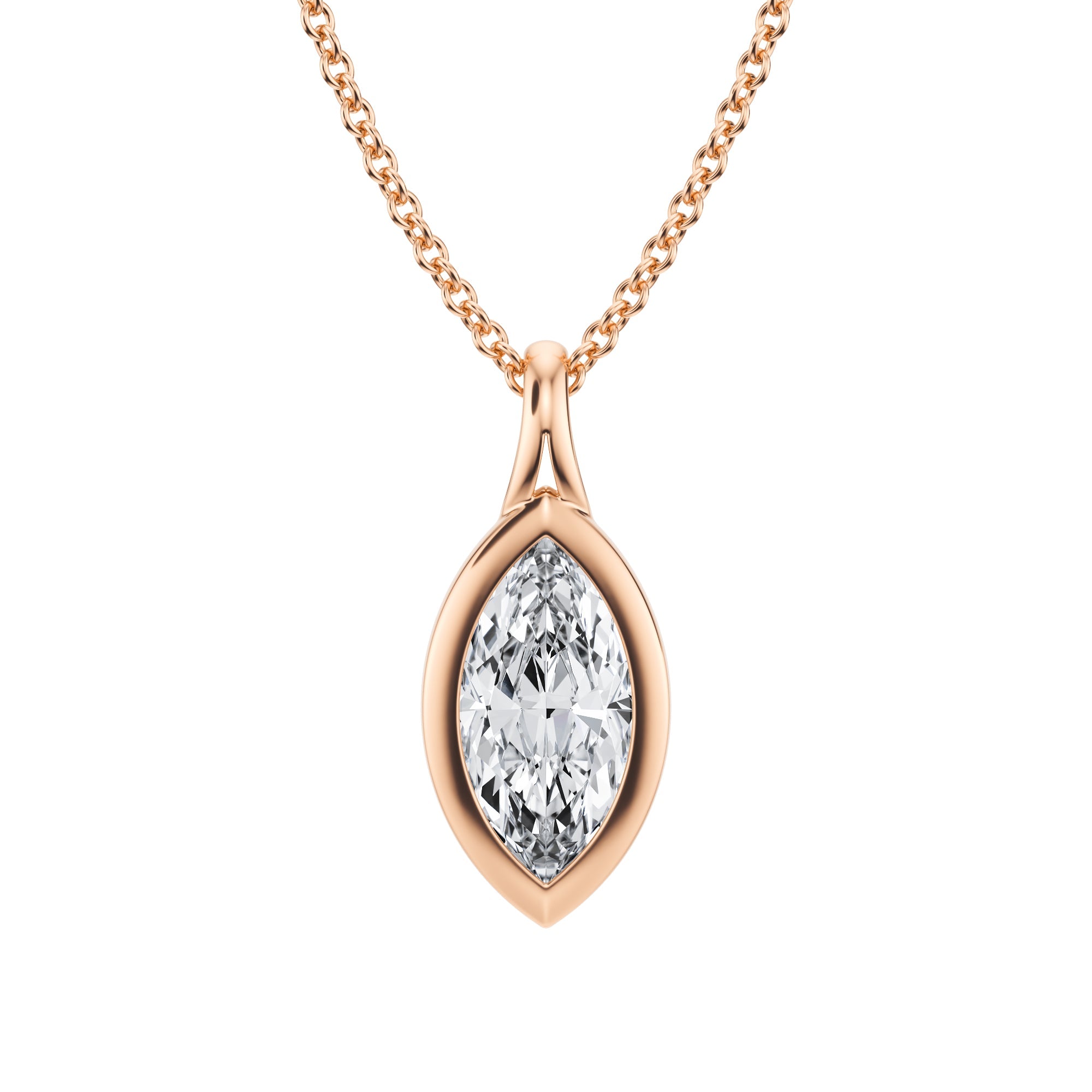 Beautiful 1 Carat Marquise Lab Grown Diamond Split Bail Bezel Necklace in Pink Gold