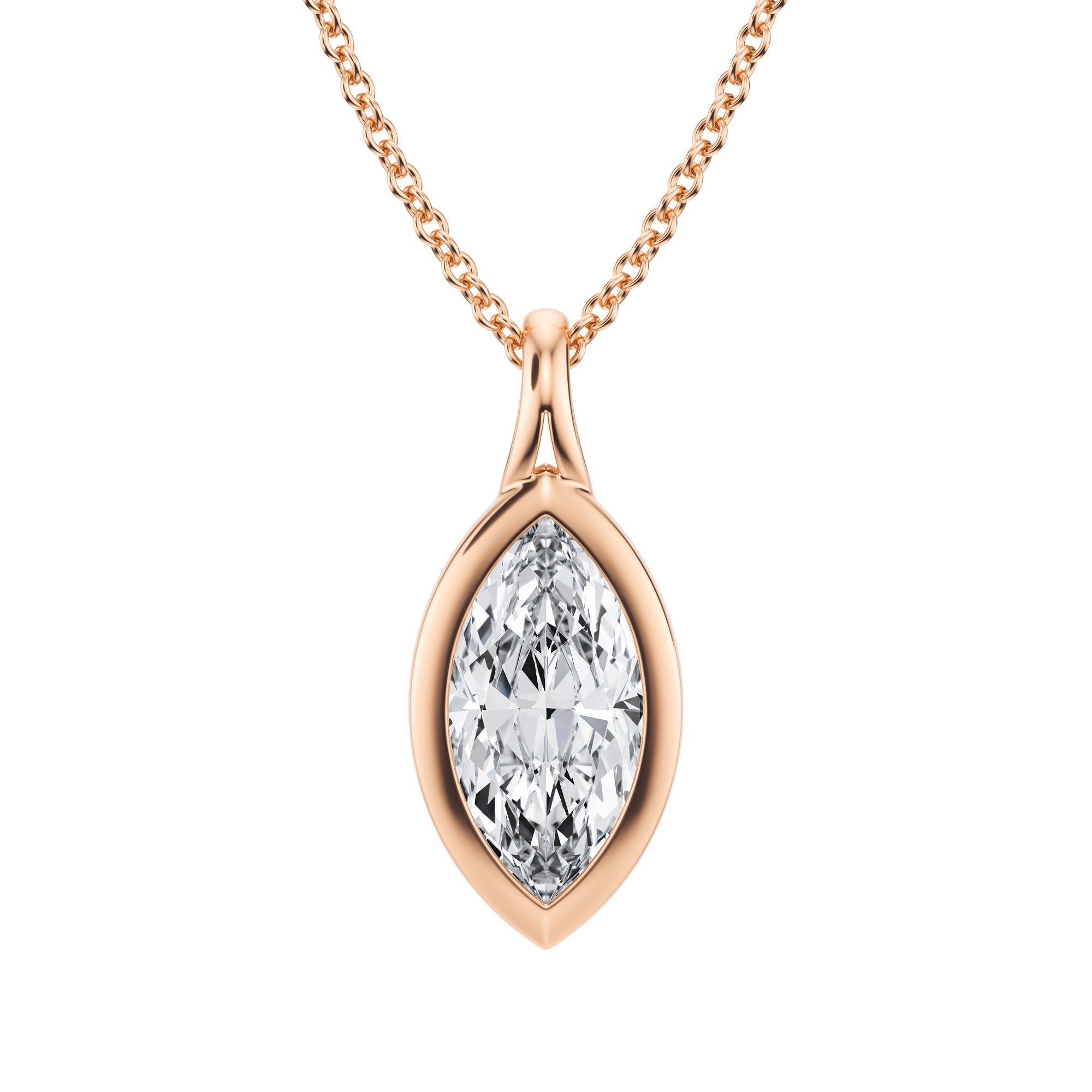 Stylish 1.5 Carat Marquise Lab Grown Diamond Split Bail Bezel Necklace in Pink Gold