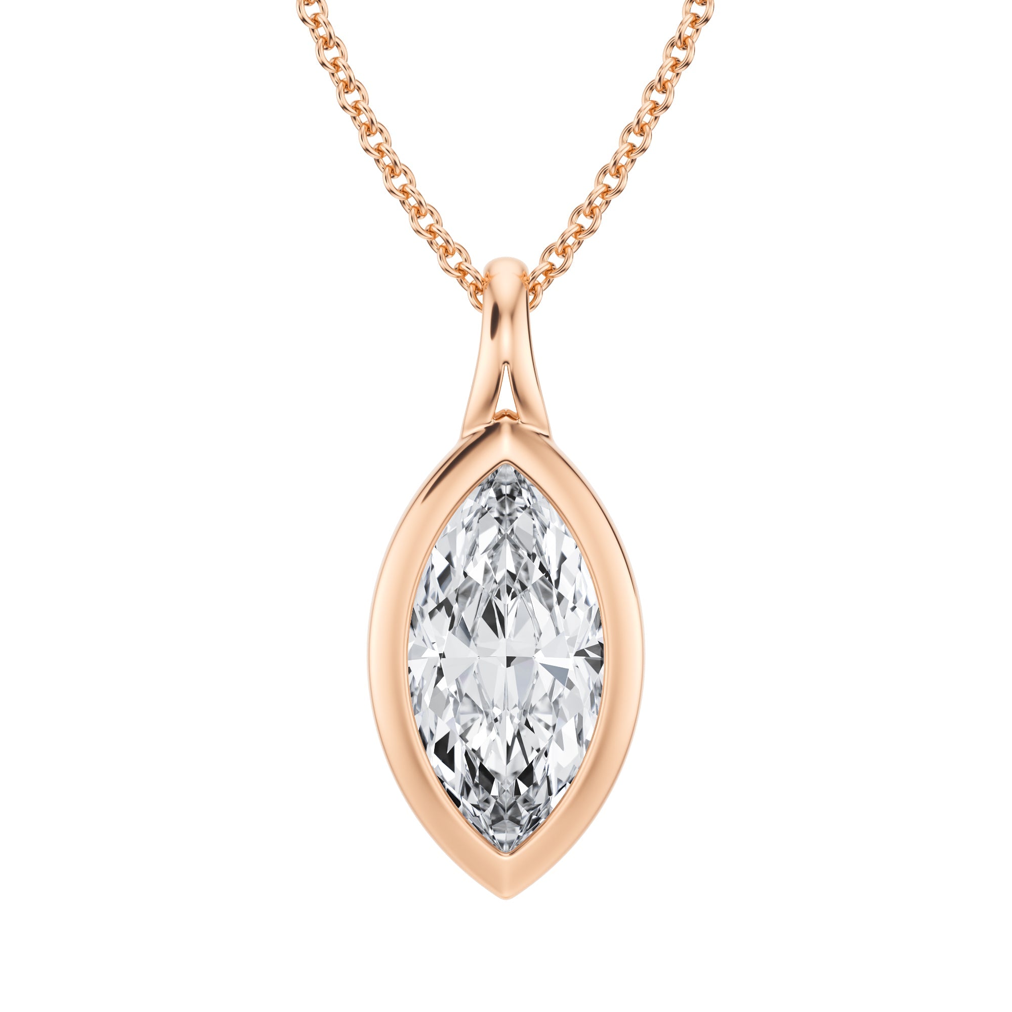 Charming 2 Carat Marquise Lab Grown Diamond Split Bail Bezel Necklace in Pink Gold