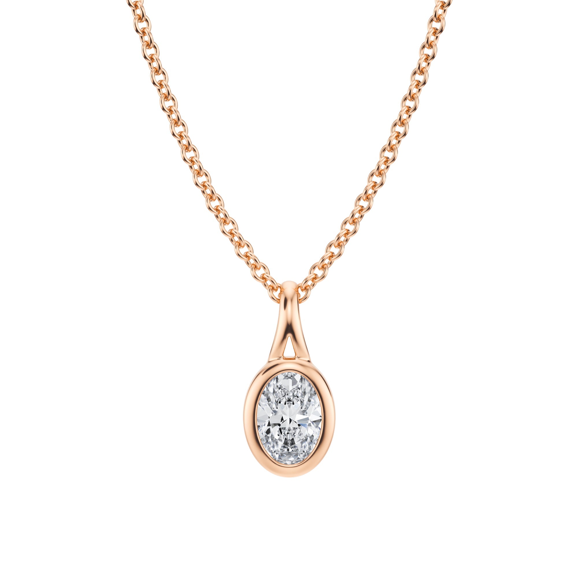 Beautiful Oval Lab Grown Diamond Split Bail Bezel Necklace, 1/4 Carat in Pink Gold