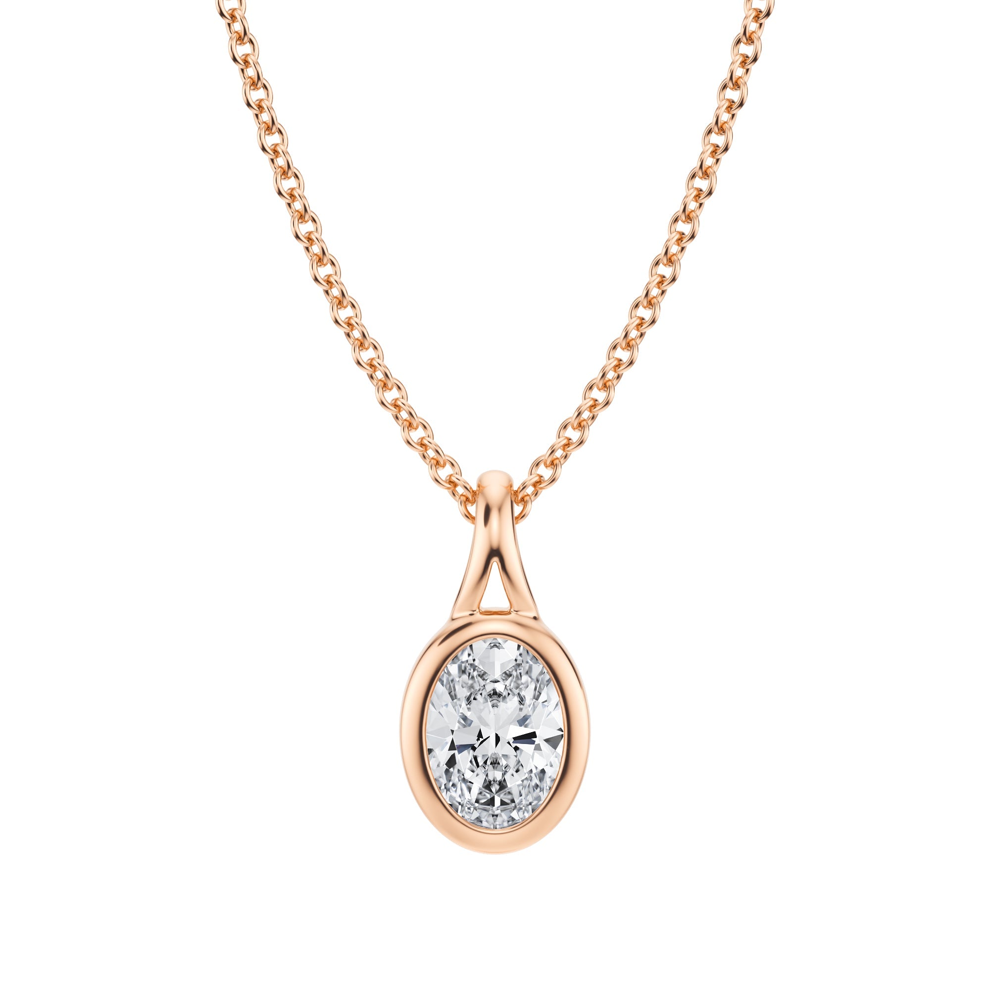 Timeless 1/2 Carat Oval Lab Grown Diamond Split Bail Bezel Necklace in Pink Gold