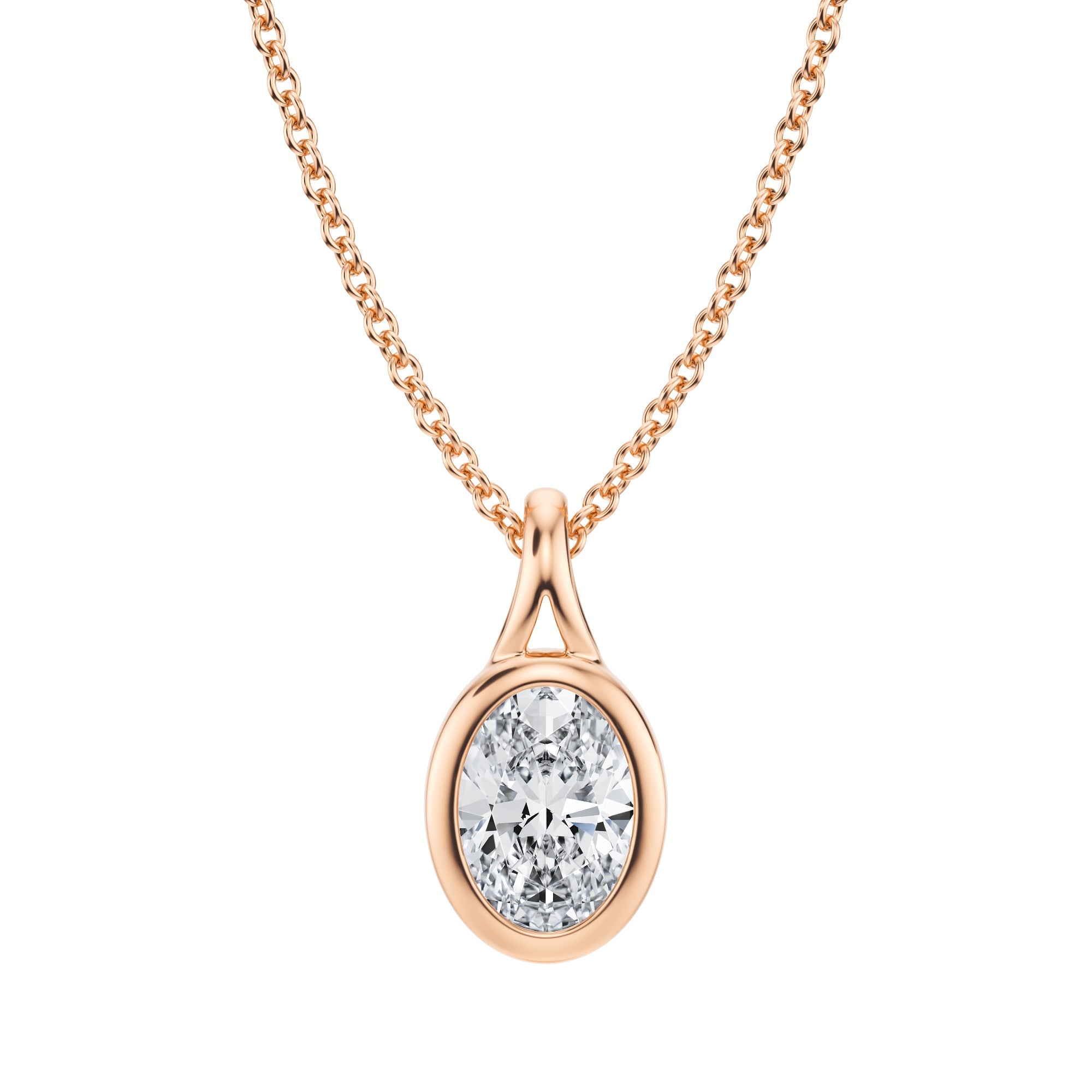 3/4 Carat Oval Lab Grown Diamond Split Bail Bezel Necklace in Pink Gold