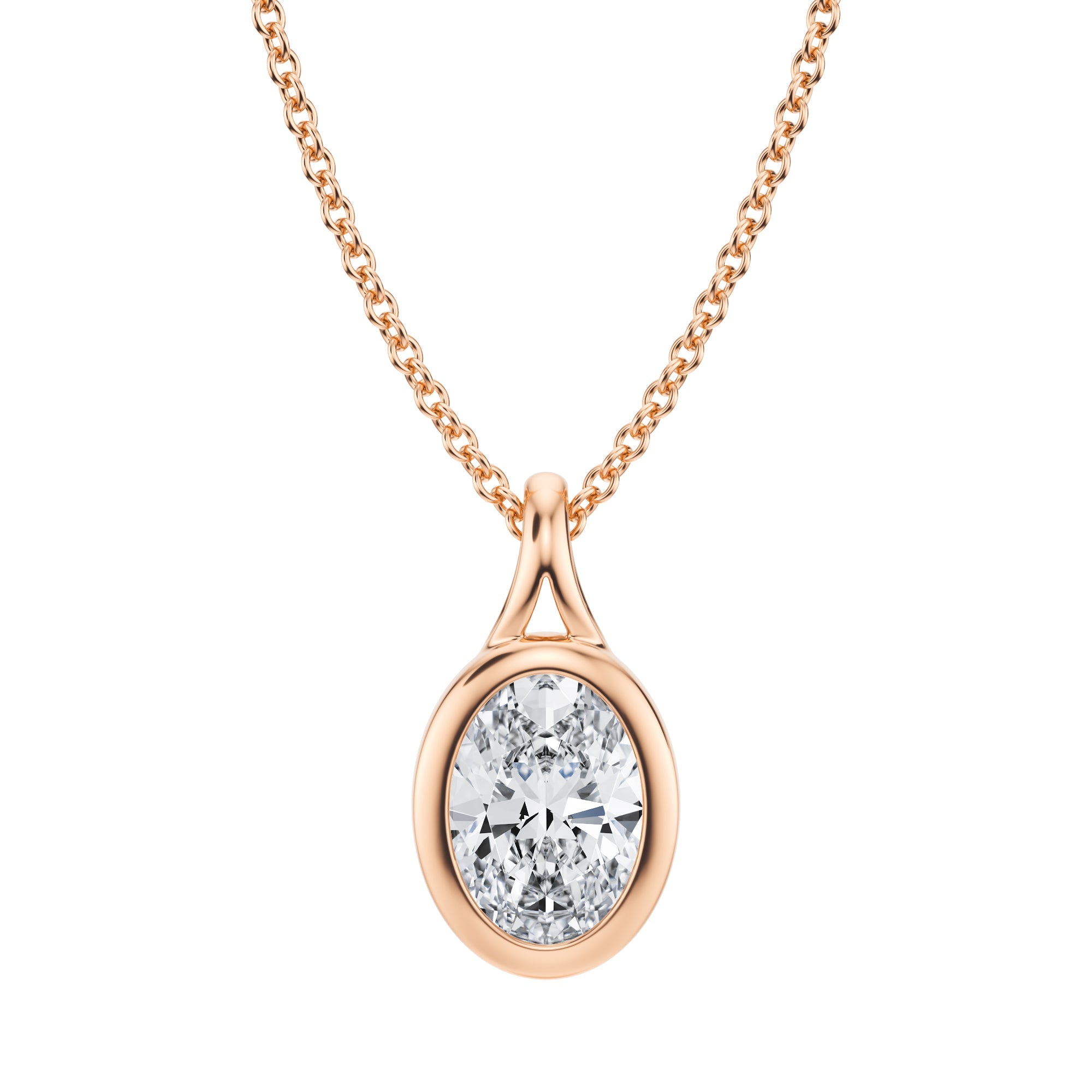 Oval Lab Grown Diamond Split Bail Bezel Necklace  in Pink Gold- 1 Carat of Elegance